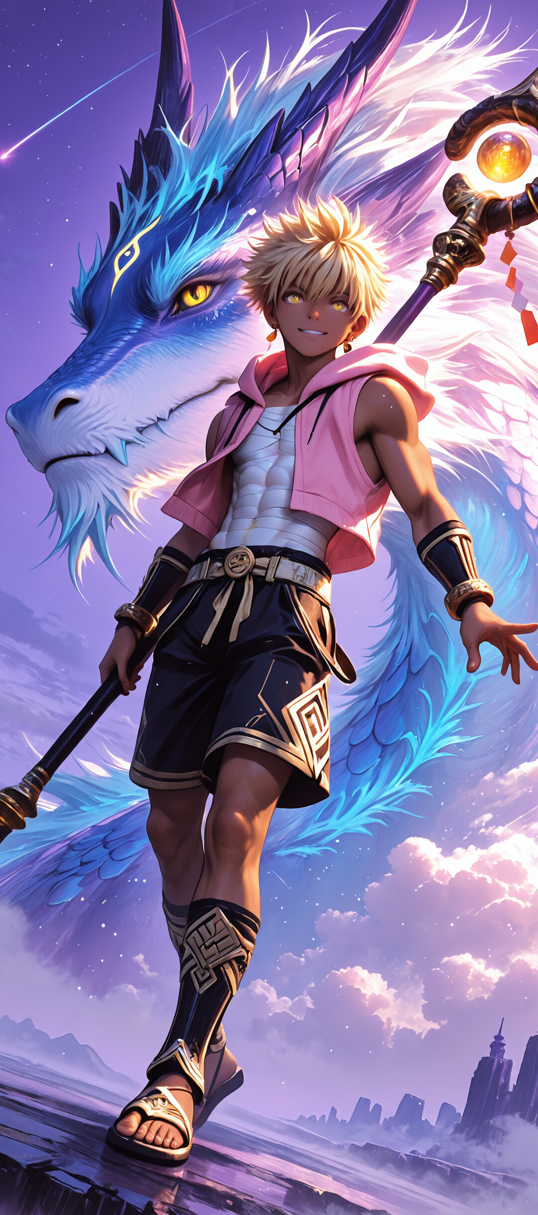 Un jeune homme aux cheveux blonds, vêtu d’un sweat à capuche rose, tient un bâton magique et se tient devant un grand dragon bleu et violet, sous un ciel violet étoilé.