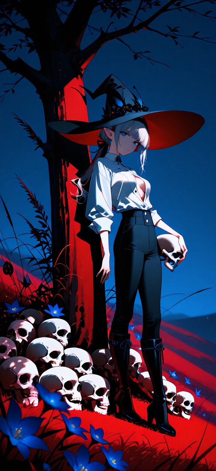 Une illustration de style manga représentant une sorcière aux cheveux argentés, portant un grand chapeau et tenant un crâne. Elle est appuyée contre un arbre, dans un champ rouge surréaliste rempli de squelettes et de fleurs bleues, sous un ciel bleu foncé.