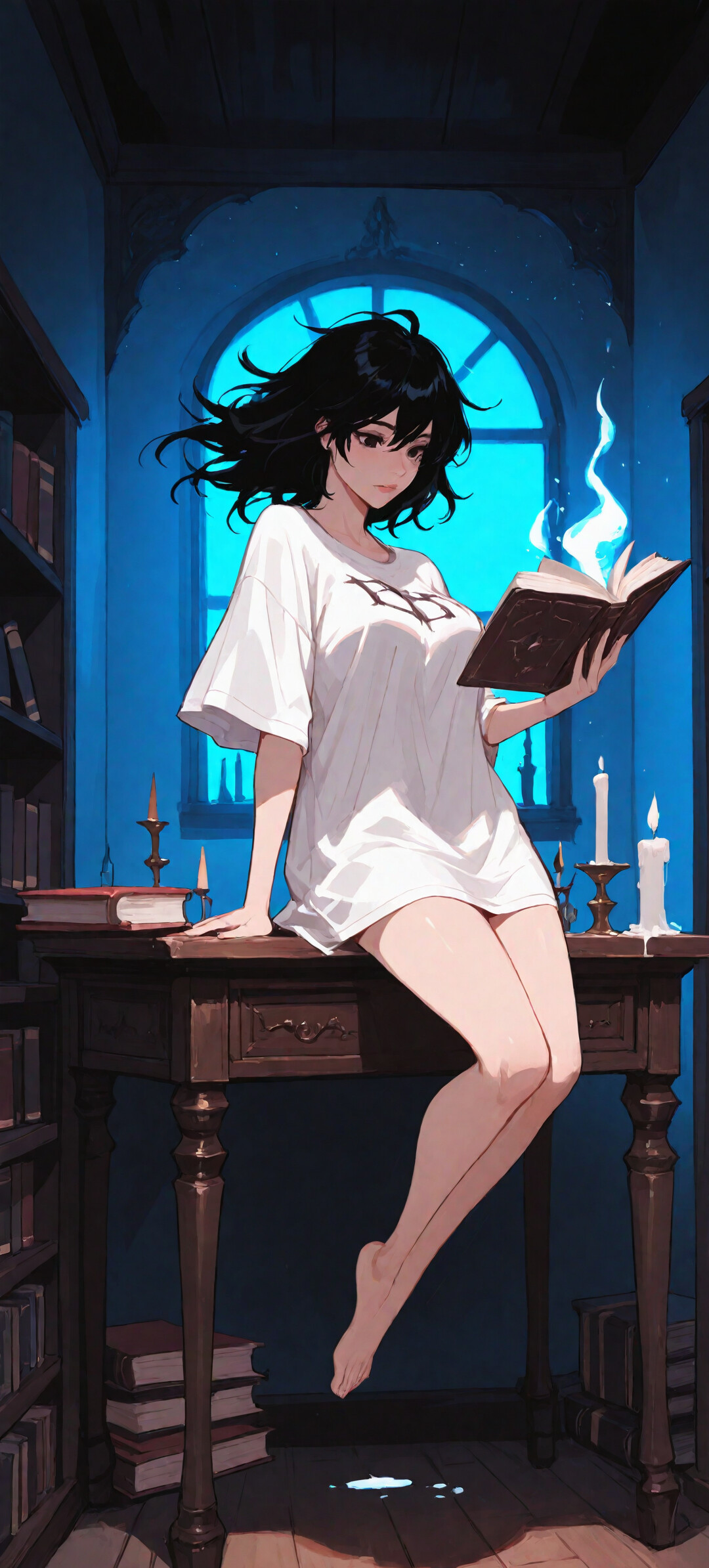 Une jeune femme aux cheveux noirs courts lévite dans un bureau sombre éclairé par des bougies. Elle porte une chemise blanche et regarde par une grande fenêtre le ciel étoilé, tandis qu’une petite lueur bleue flotte au-dessus de sa tête.