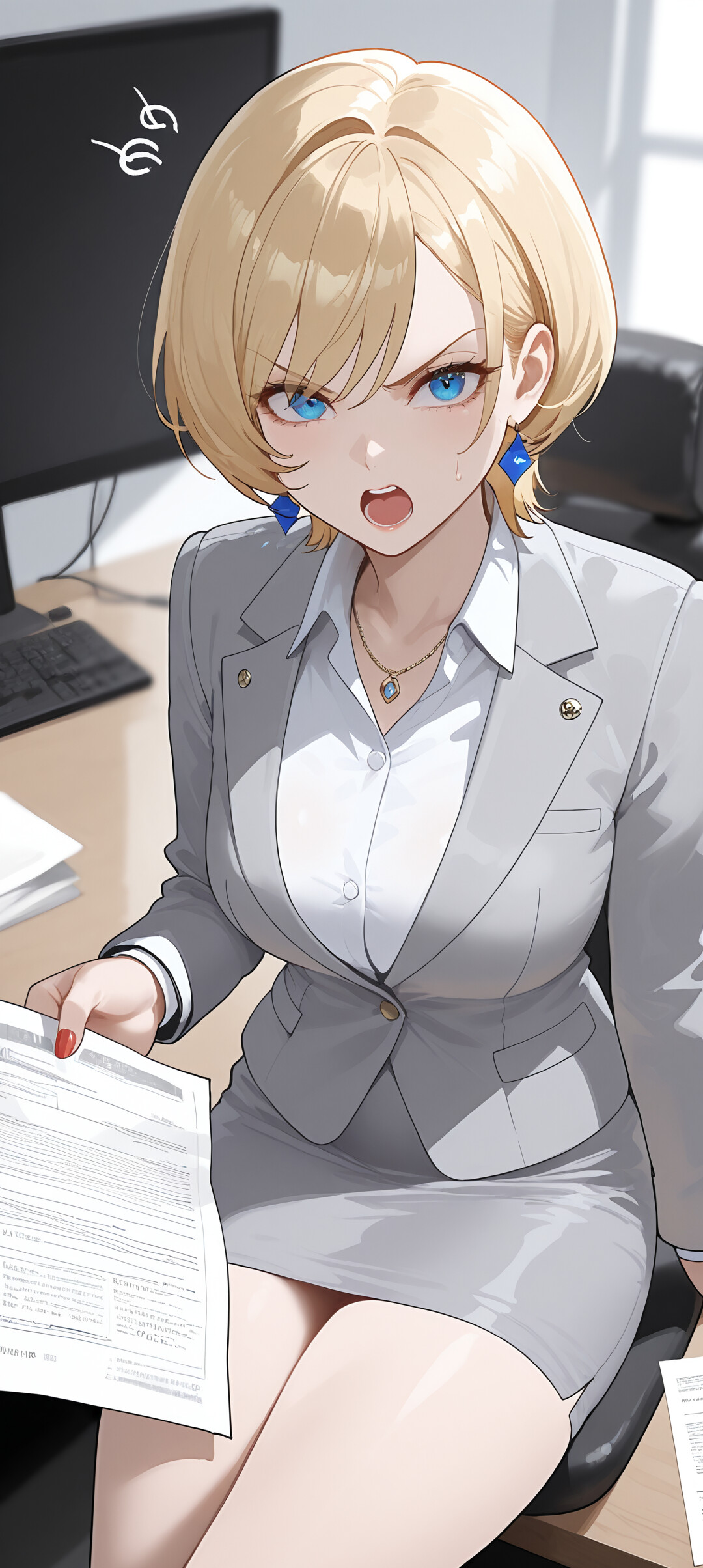Une illustration de style manga représentant Veronica Caleillu, une femme aux cheveux courts et blonds et aux yeux bleus, qui affiche une expression de colère dans un tailleur gris, assise à un bureau. Elle tient un téléphone et pointe du doigt un document.