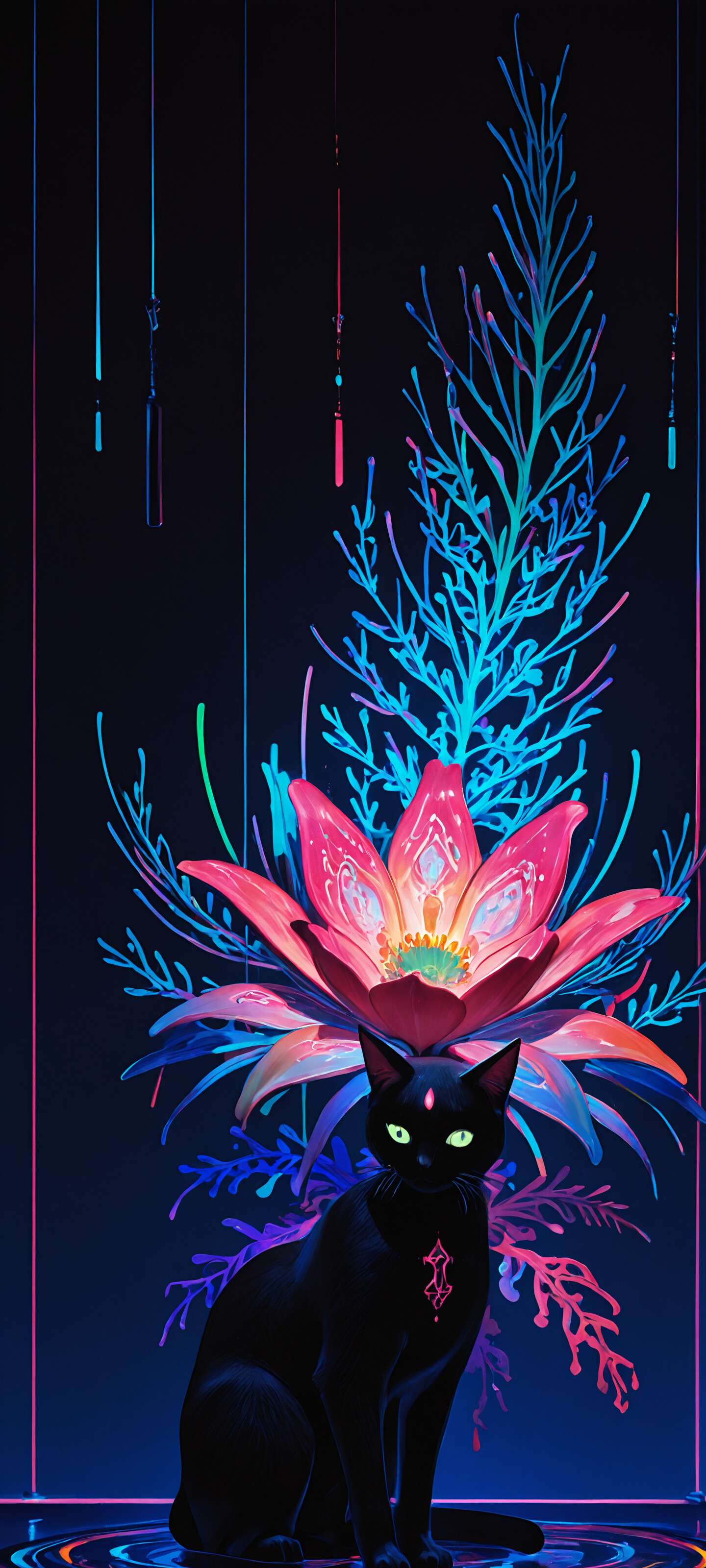 Un chat noir se tient sur un sol néon aux motifs colorés, devant un grand vase contenant un magnifique bouquet de fleurs qui rayonnent d’une lumière rose et bleue éclatante, le tout se détachant sur un fond sombre et futuriste.