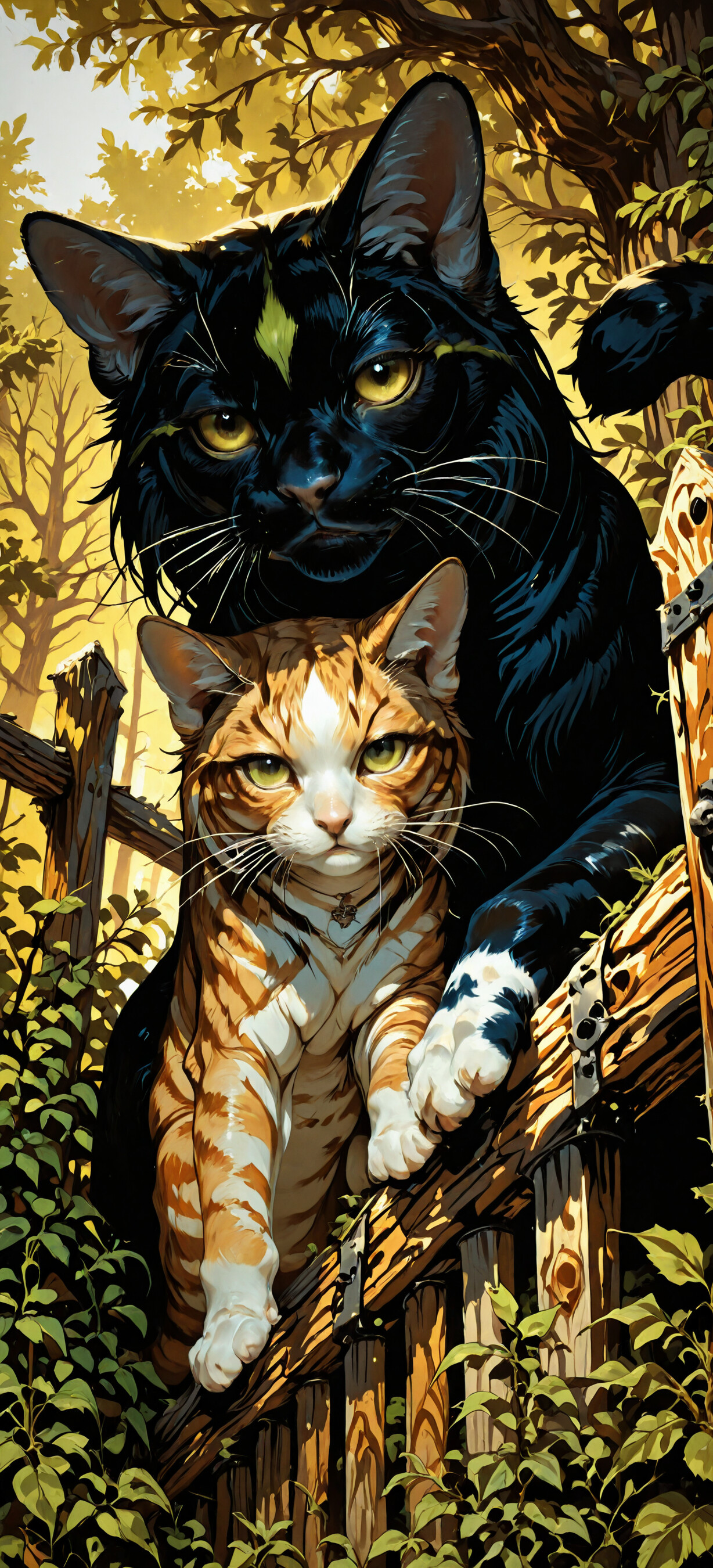 Une illustration détaillée représentant deux chats dans une forêt. Un chat tigré roux et blanc aux yeux verts se trouve au premier plan, observant l’autre chat par-dessus une clôture en bois. Derrière lui, on aperçoit un grand chat noir aux yeux jaunes, avec une étoile jaune sur le front.