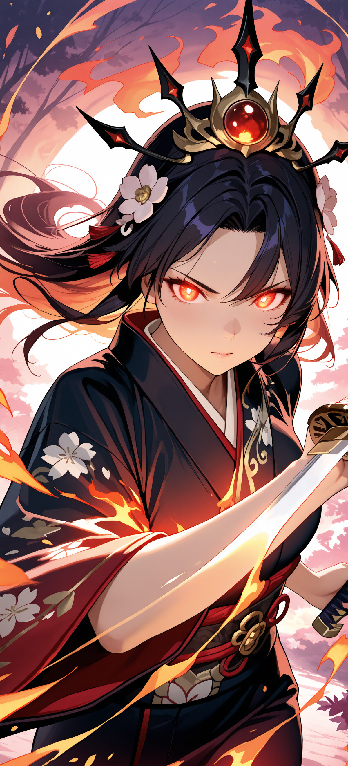 Une guerrière de style manga, avec de longs cheveux noirs, un couvre-chef noir hérissé et des yeux rouges brillants. Elle porte un kimono noir à motifs floraux et tient un katana enflammé dans une pose dynamique, entourée d’un cercle de feu sur fond de forêt éclairée par la lune.