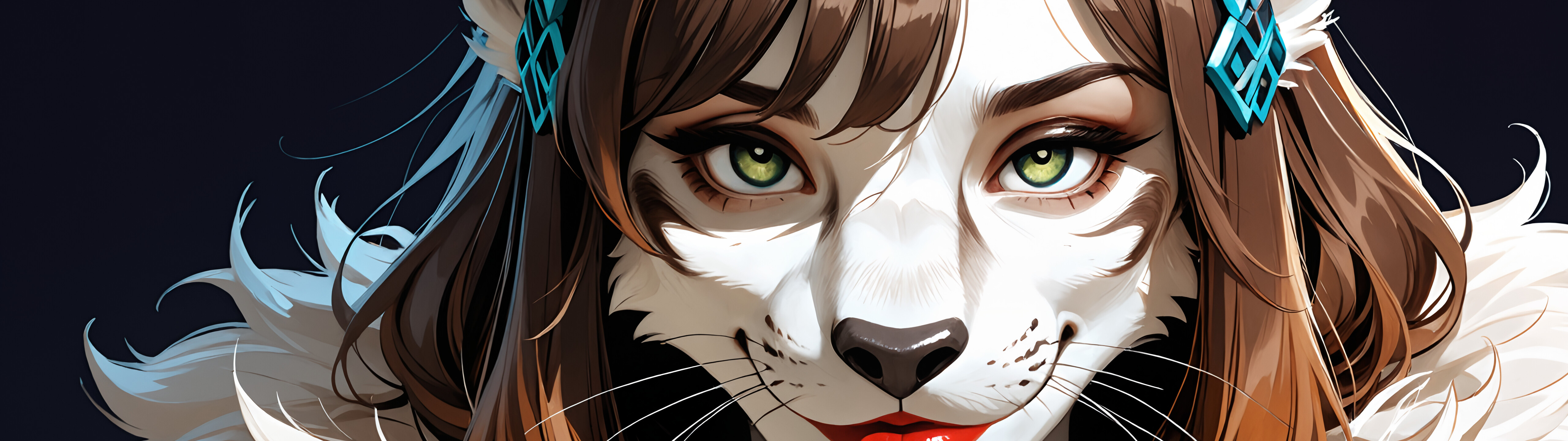 Un portrait détaillé d’une léoparde anthropomorphe nommée Zinx, avec de longs cheveux bruns, des yeux verts vifs, des lèvres rouges et un gant noir. Elle sourit doucement en regardant le spectateur.