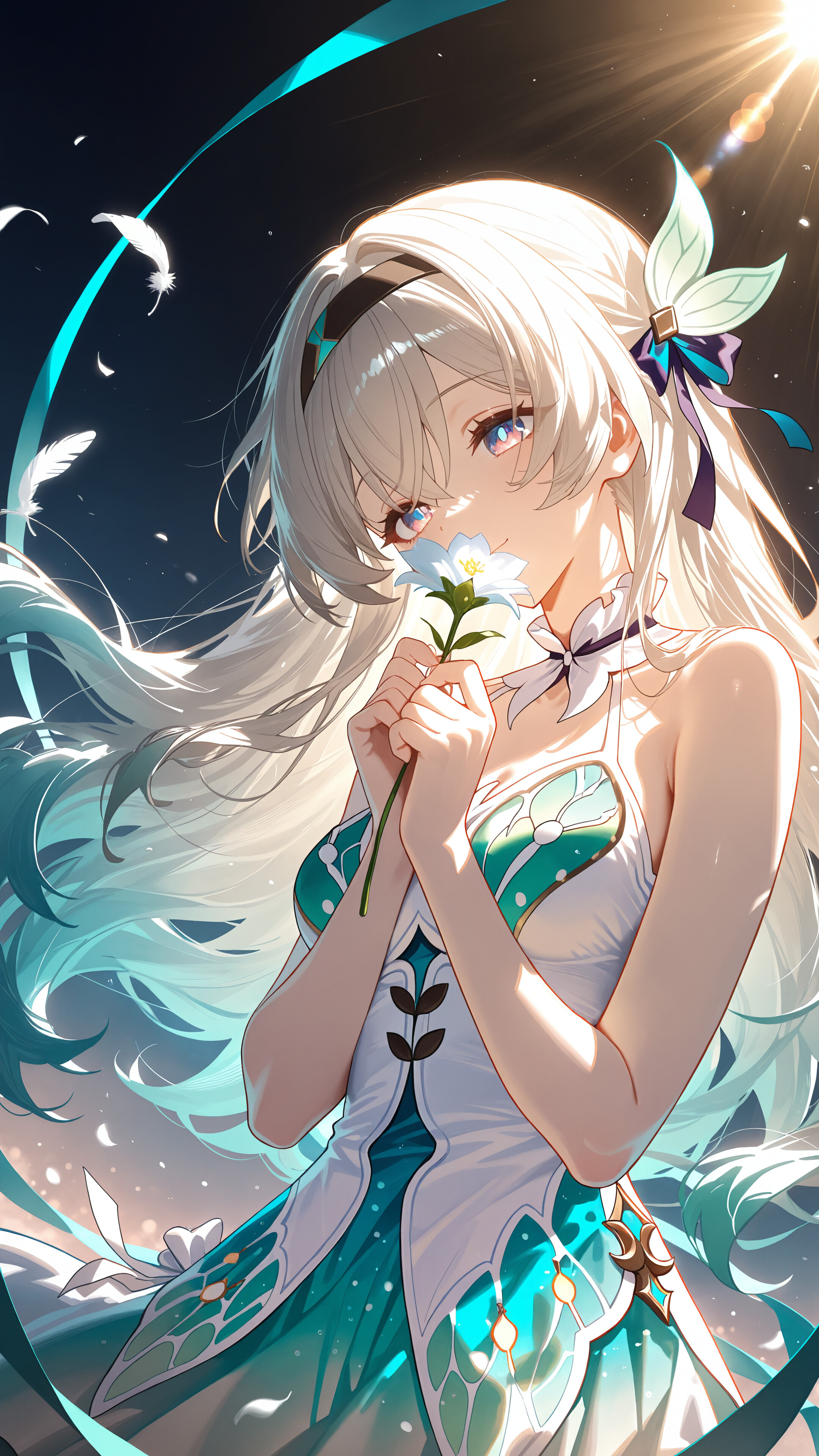 Une illustration de Firefly, personnage du jeu Honkai: Star Rail, réalisée dans un style d’animation japonaise (anime). Elle a de longs cheveux blancs et des yeux violets, et elle tient une petite fleur bleue près de ses lèvres tout en regardant ailleurs. Elle porte une robe blanche et turquoise, et est éclairée par une lumière chaude et vive venant de derrière.