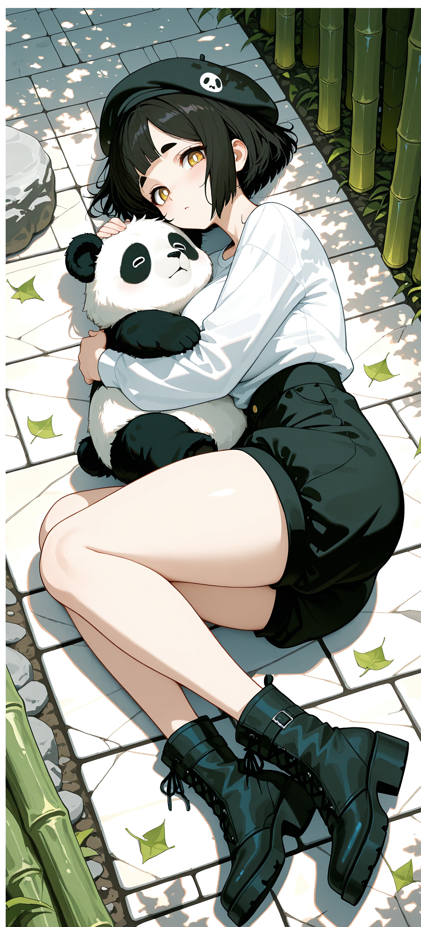Une jeune fille au style manga, avec de courts cheveux noirs et un béret orné d’une image de panda, est assise sur un chemin de pierres dans une forêt de bambous et enlace tendrement un grand ours panda.
