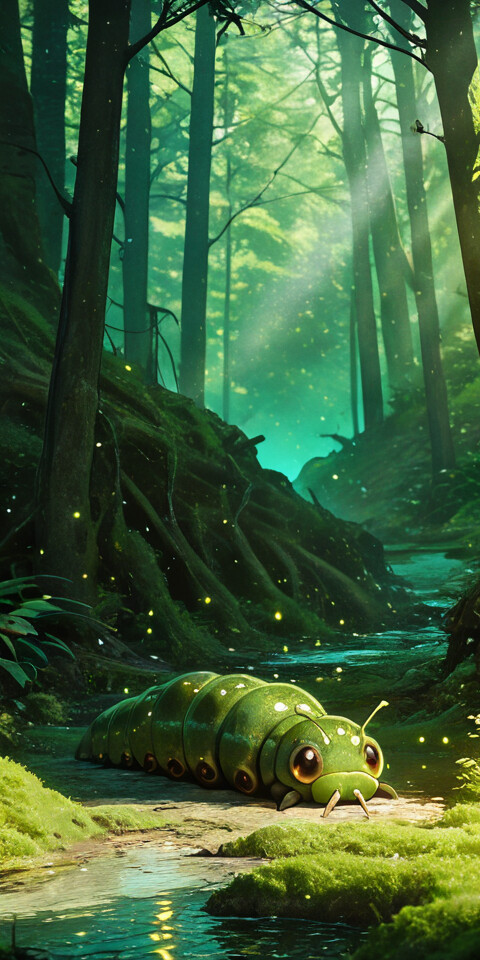 Une jeune fille au style manga, avec des cheveux bruns, est allongée sur le sol recouvert de mousse d’une forêt enchantée, vêtue d’un grand costume de chenille verte. Elle grignote joyeusement une feuille, protégée par le dos de la créature.