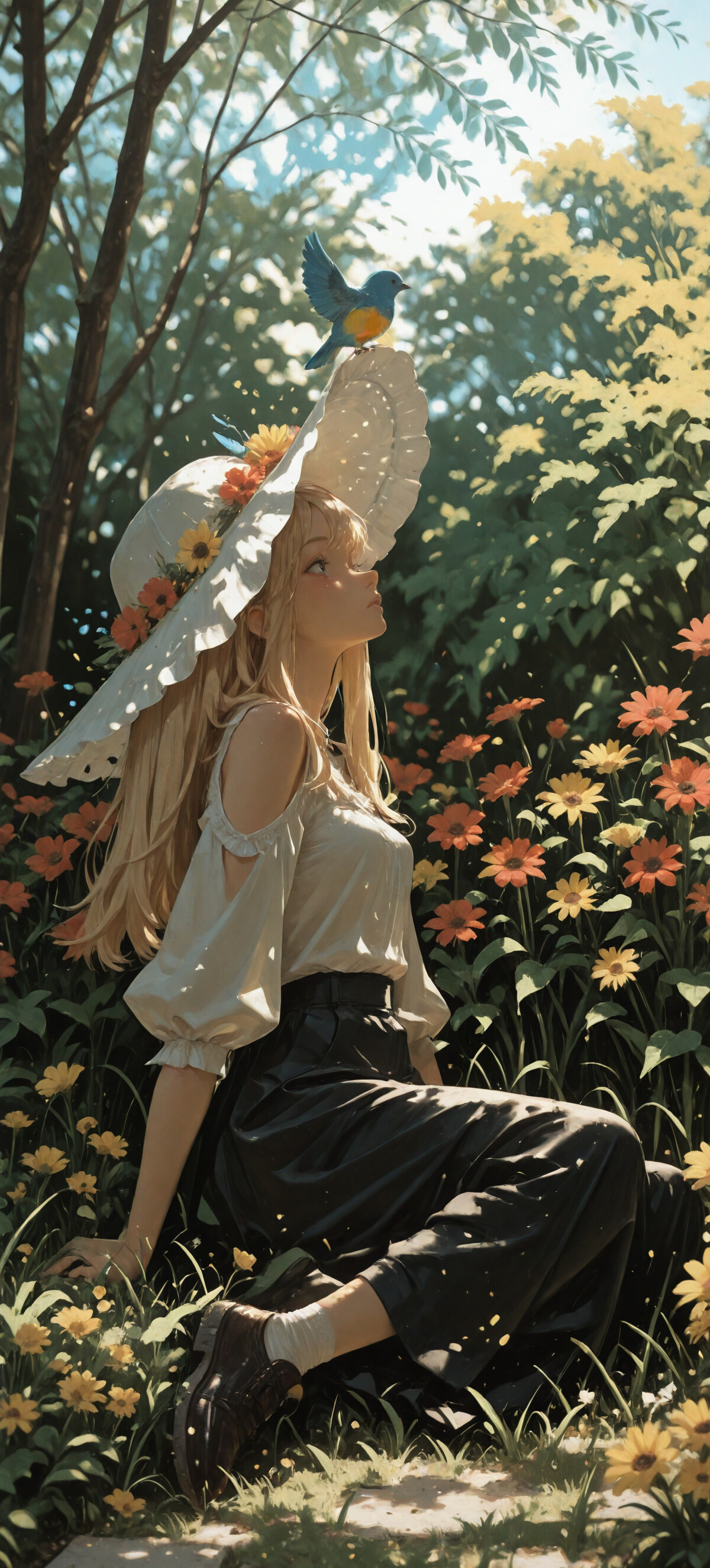 Une illustration de style manga représentant une jeune femme aux longs cheveux blonds et portant un grand chapeau de soleil blanc, assise dans un champ de fleurs rouges et jaunes. Elle lève les yeux vers un petit oiseau bleu qui vole devant elle, dans une forêt baignée de lumière.