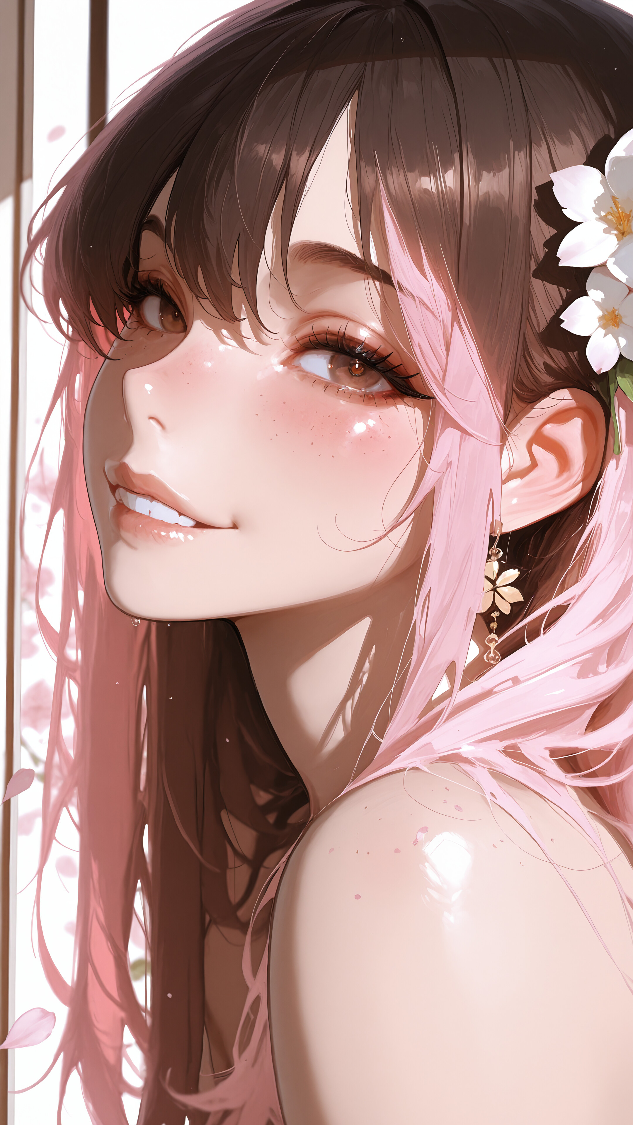 Illustration numérique de Neopolitan, un personnage du dessin animé RWBY, représentant une jeune femme aux cheveux mi-roses et mi-bruns, qui sourit doucement en regardant le spectateur. Elle porte une fleur blanche dans les cheveux, ainsi qu’une tenue blanche et des boucles d’oreilles dorées.