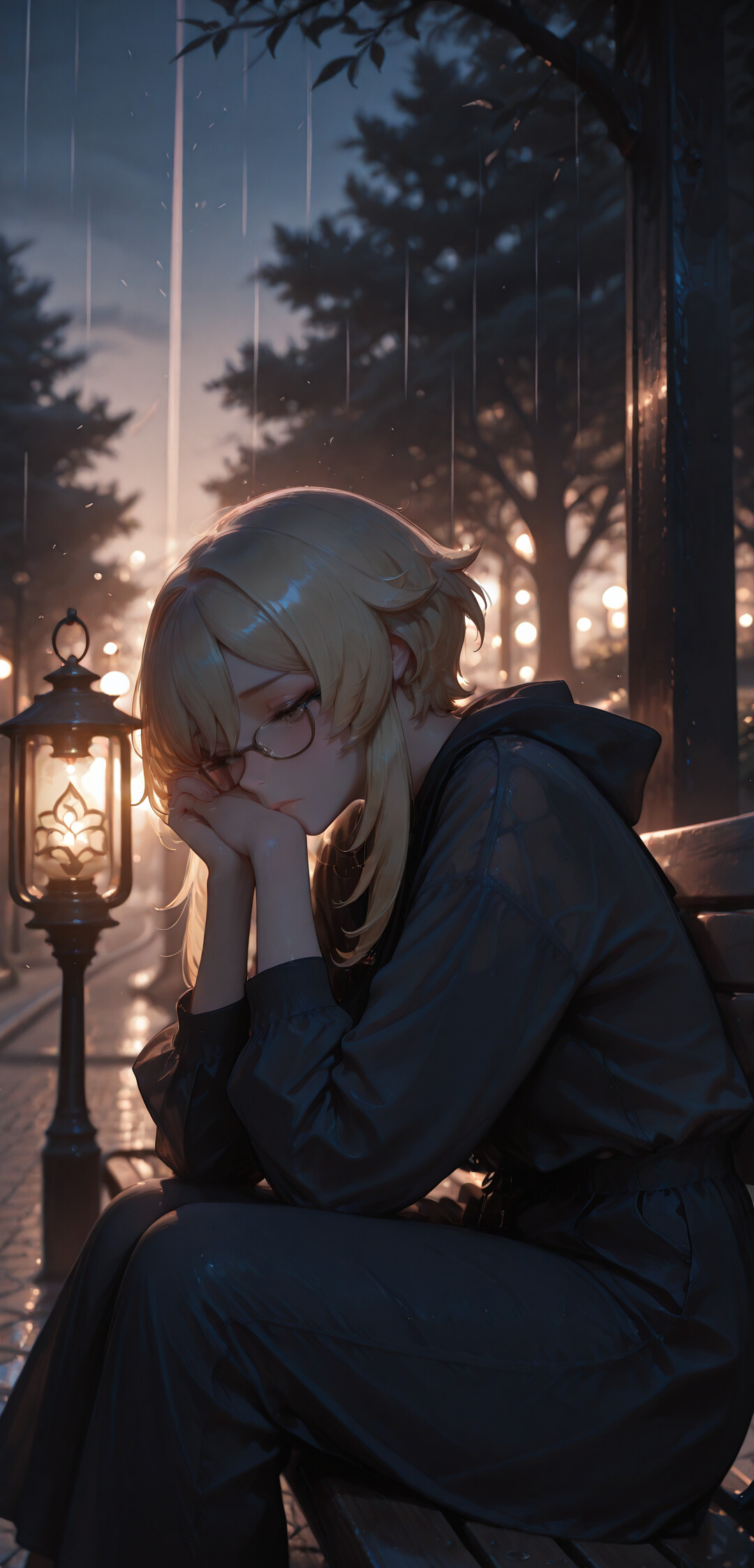 Une jeune fille aux cheveux blonds, portant des lunettes, reconnaissable comme Lumine du jeu Genshin Impact, est assise, l’air triste, sur un banc dans un parc, sous la pluie, la tête posée dans ses mains. Une lanterne lumineuse se trouve à côté d’elle.