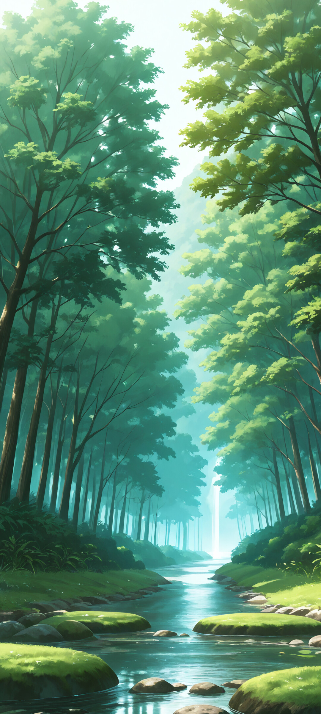 Un paysage de style animé représentant une rivière claire et paisible qui serpente à travers une vallée verdoyante, parsemée d’herbe luxuriante, de pins et de montagnes douces, le tout sous un ciel bleu.