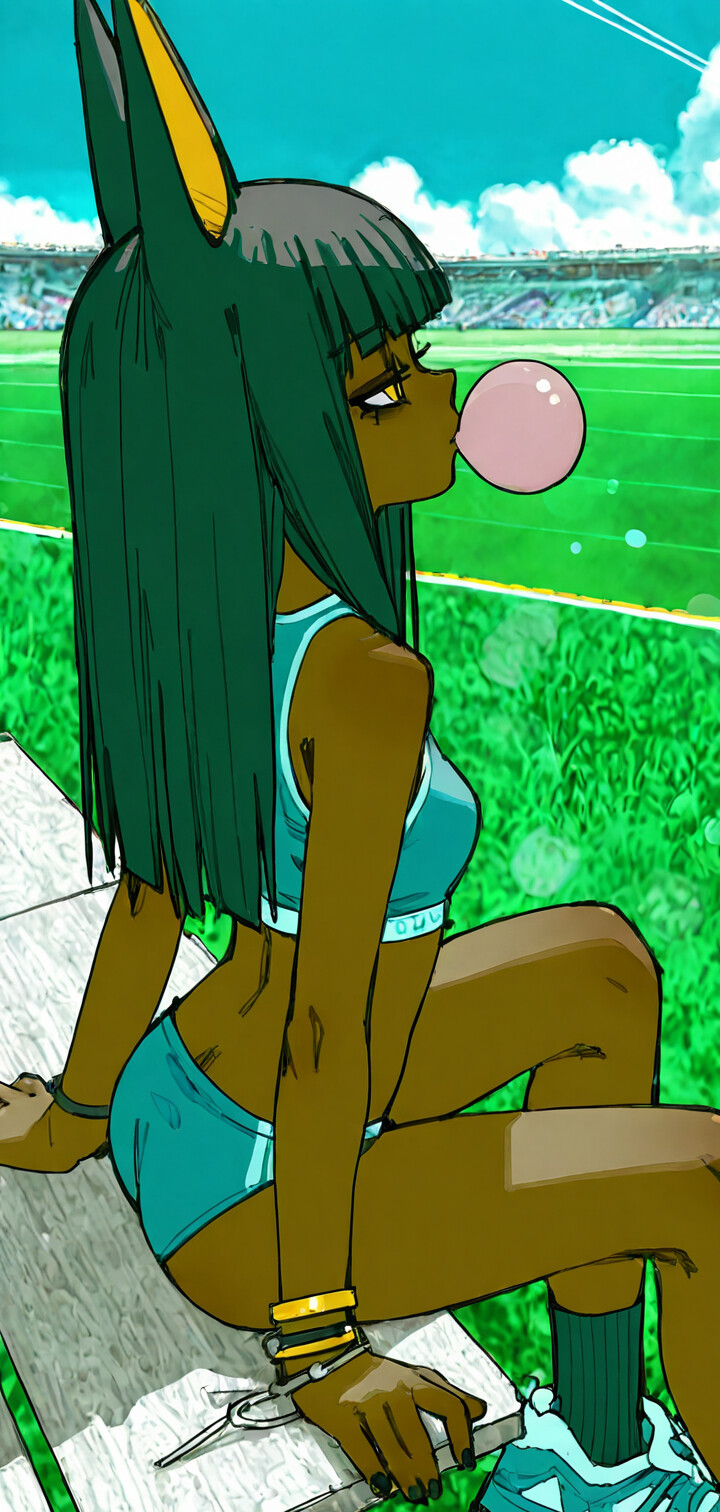 Une illustration d’Ankha, personnage du jeu Animal Crossing, représentée sous la forme d’une jeune fille à la peau foncée, aux cheveux noirs et aux grandes oreilles de chacal, portant une tenue de sport bleue et soufflant des bulles de chewing-gum dans un stade ensoleillé.