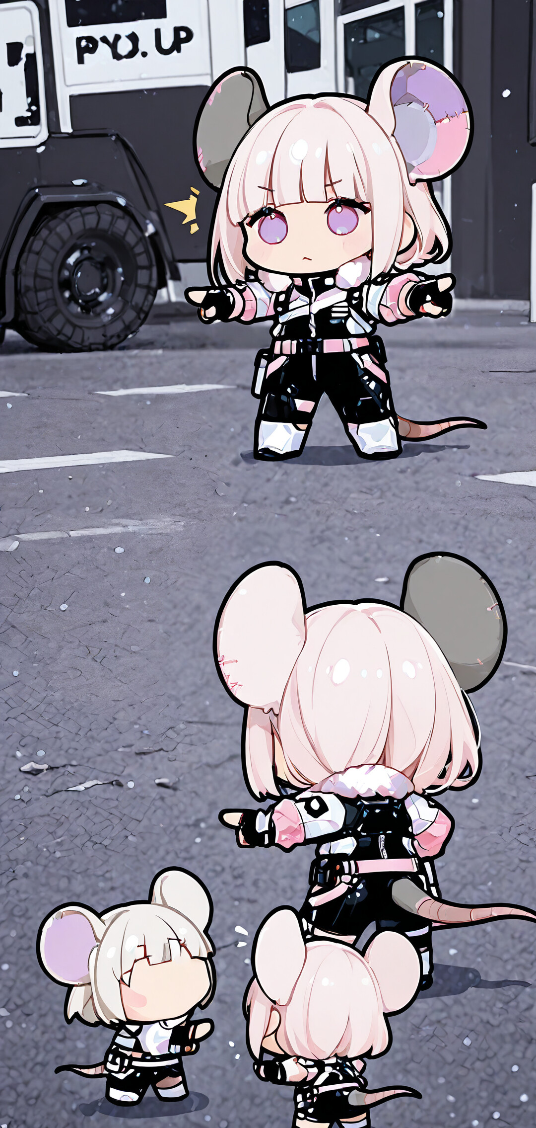 Trois filles chibi identiques, issues d’un anime, aux cheveux blancs et aux grandes oreilles de souris, vêtues d’habits futuristes noirs et roses, sont debout en cercle dans une rue enneigée et se pointent du doigt avec surprise, en référence au mème Spider-Man.