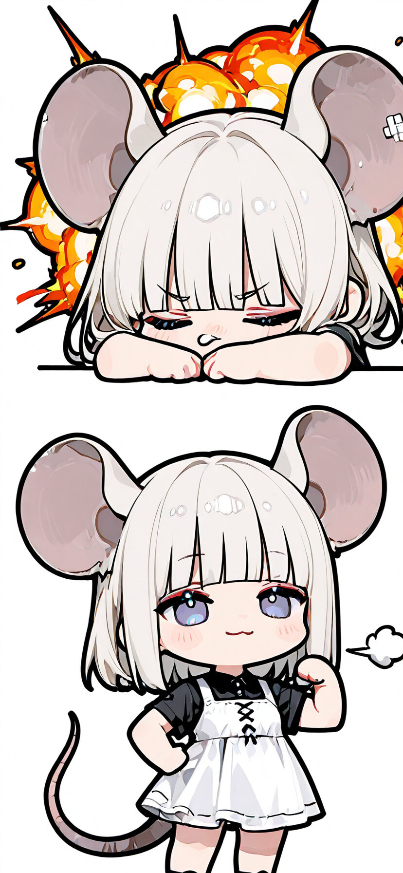 Une jeune fille d’anime de style « chibi », avec de grandes oreilles de souris et des cheveux argentés, identifiée comme Nazrin, issue de l’univers de Touhou Project. Elle porte une robe noire et pose avec assurance devant une explosion enflammée.