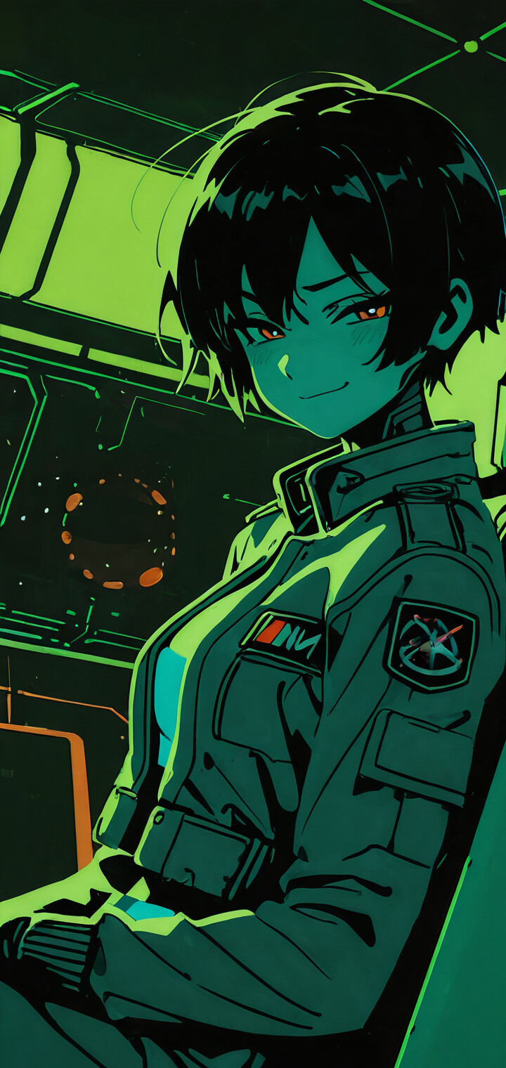 Une illustration de style manga représentant une cyborg féminine aux cheveux courts et foncés, affichant un sourire narquois dans une pièce futuriste sombre, éclairée d’une lumière verte. Elle porte une veste de pilote ornée d’un écusson lumineux « 02 » sur la manche.