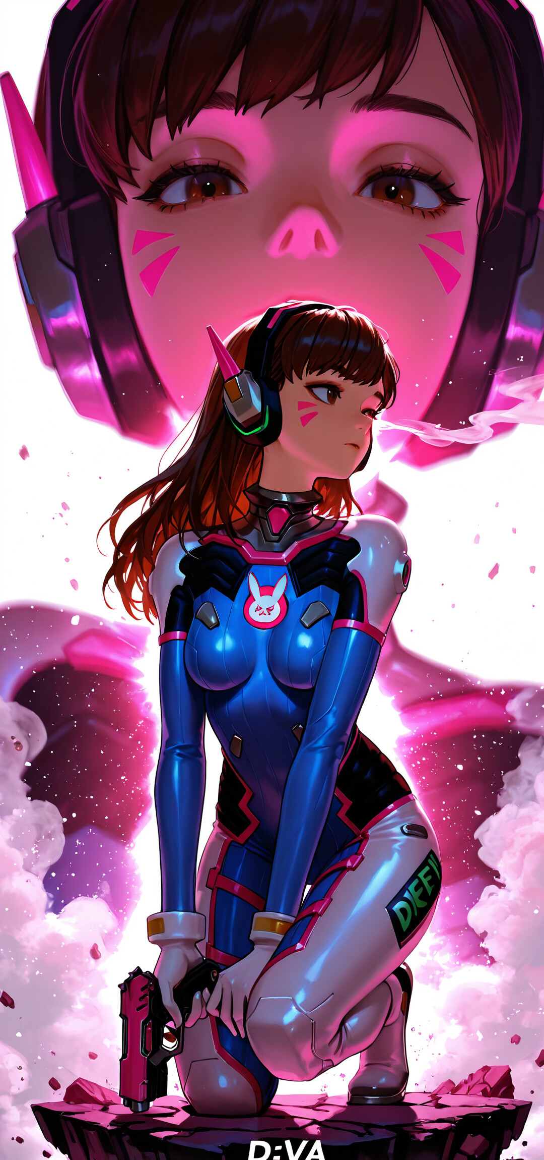 Une illustration de D.Va, personnage du jeu Overwatch, la représentant en pied, accroupie sur un sol à carreaux roses et noirs. Elle porte sa combinaison de pilote, tient un pistolet rose et regarde par-dessus son épaule. Un gros plan de son visage, teinté de rose, est visible en arrière-plan.