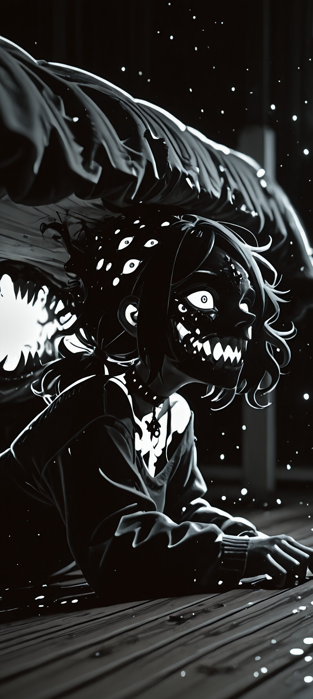 Une illustration sombre et sinistre d’Ashley Graves, tirée de l’œuvre « Le cercueil d’Andy et Leyley », la représentant sous la forme d’un monstre. Elle est allongée sur un plancher en bois, sous un lit, et possède de nombreux yeux rouges et brillants ainsi qu’un sourire aux dents acérées.