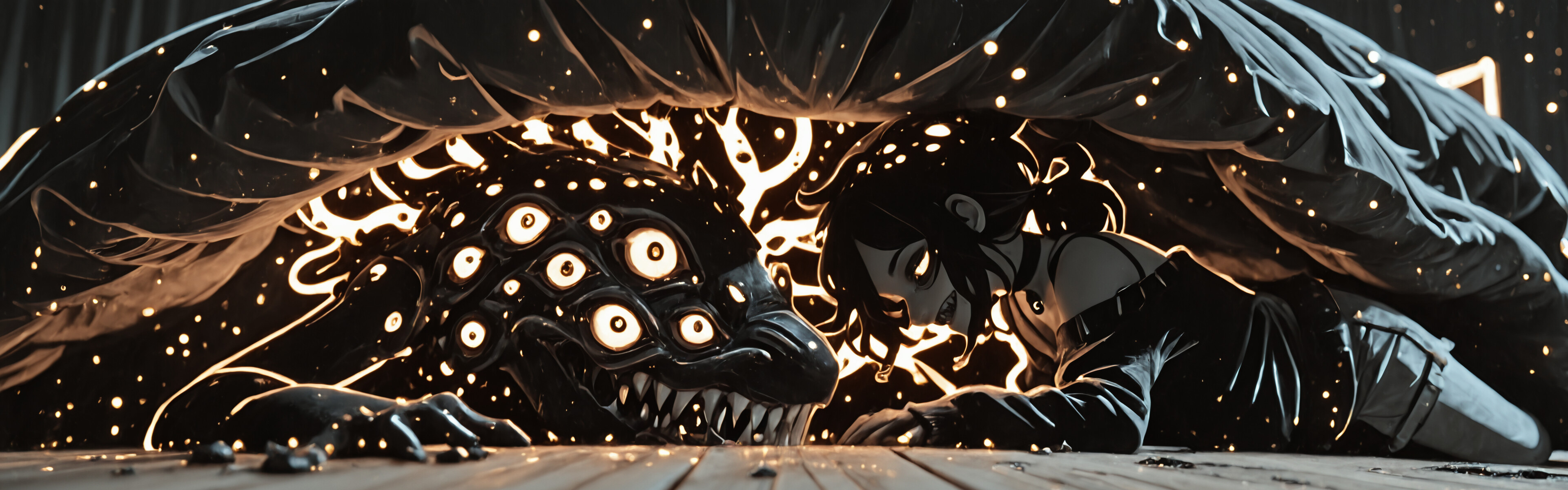 Une illustration sombre et sinistre d’Ashley Graves, tirée de l’œuvre « Le cercueil d’Andy et Leyley », la représentant sous la forme d’un monstre. Elle est allongée sur un plancher en bois, sous un lit, et possède de nombreux yeux rouges et brillants ainsi qu’un sourire aux dents acérées.