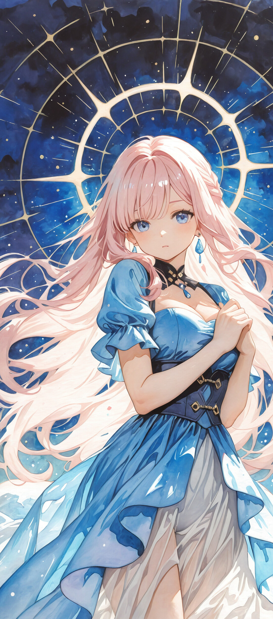 Une illustration de style manga représentant Elysia, un personnage du jeu Honkai Impact 3rd. Il s’agit d’une jeune fille magnifique, aux longs cheveux roses et aux yeux bleus, portant une longue robe bleu clair, le tout se détachant sur un ciel nocturne étoilé et magique.