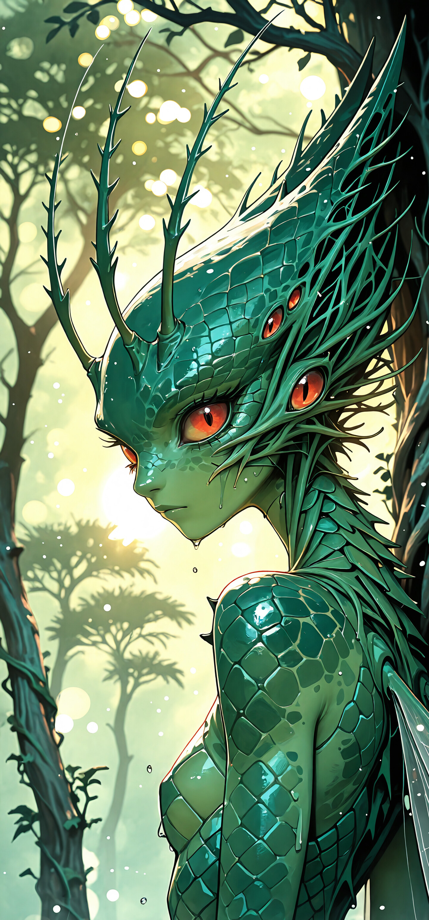 Une illustration de style manga représentant une créature fantastique féminine dans une forêt brumeuse. Elle a la peau vert clair, de grands yeux rouges et une crête d’écailles vert foncé. Des antennes pointues partent de son front, et elle a une expression pensive.