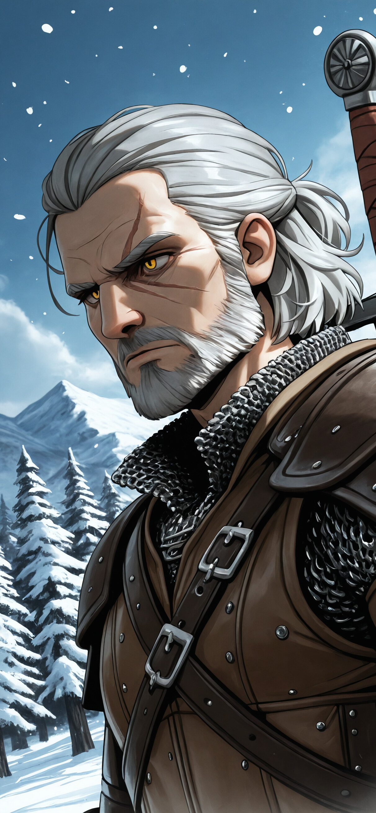 Une illustration de Geralt de Rivie, tirée de la série The Witcher, où il apparaît avec des cheveux blancs, une barbe et des yeux jaunes, et regarde sur le côté. Il se trouve dans un environnement enneigé et montagneux, vêtu d’une armure en cuir et en cotte de mailles, avec une épée attachée dans le dos.