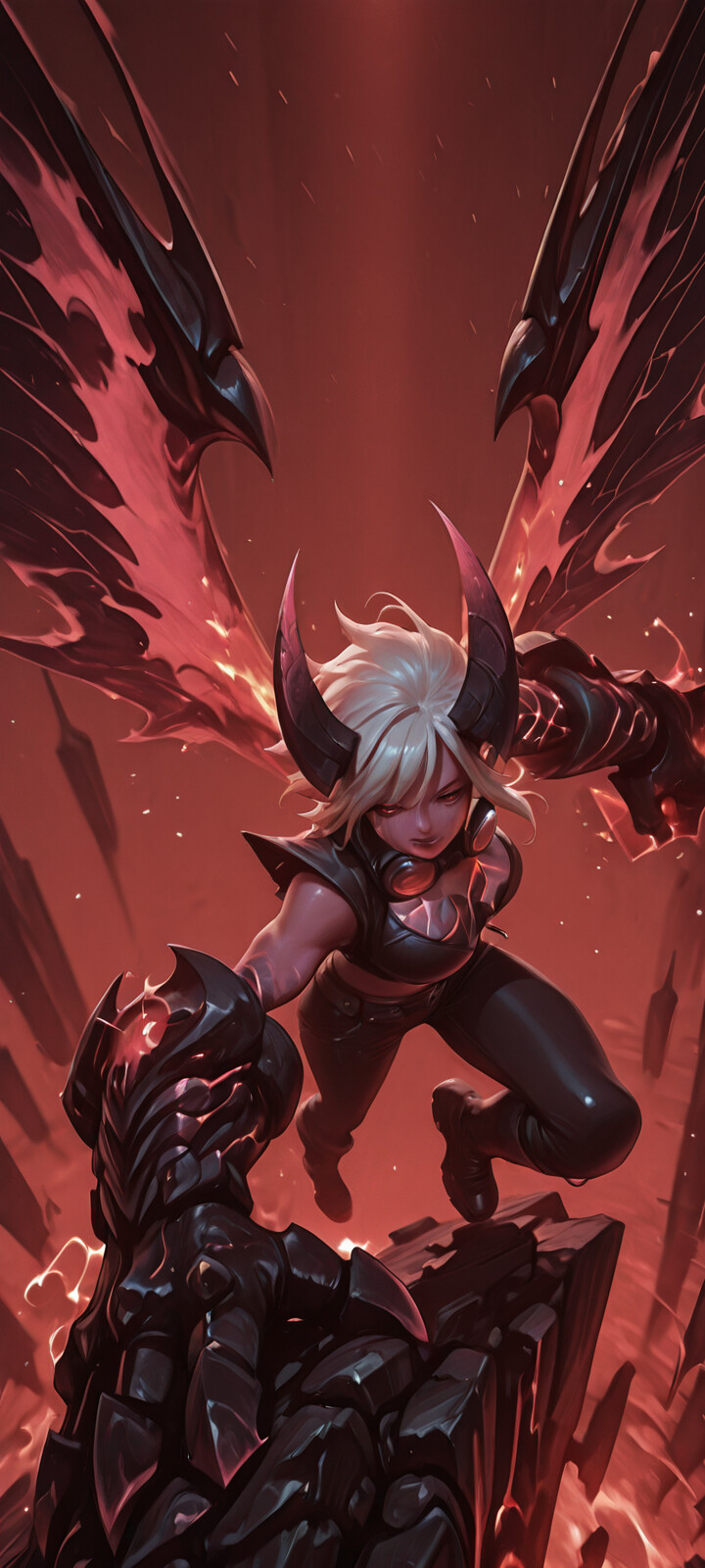 Une illustration numérique de Demon Vi, personnage du jeu League of Legends : une puissante jeune femme-démon aux cheveux blancs, à la peau rose, aux grandes cornes et aux ailes rouges lumineuses, qui se lance en avant avec un énorme gant dans un paysage embrasé.