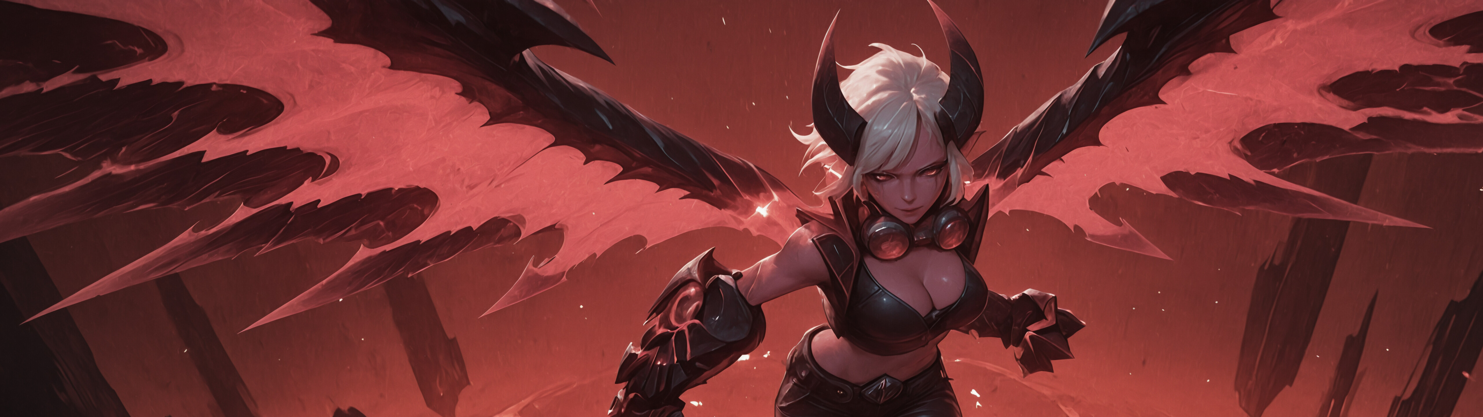 Une illustration numérique de Demon Vi, personnage du jeu League of Legends : une puissante jeune femme-démon aux cheveux blancs, à la peau rose, aux grandes cornes et aux ailes rouges lumineuses, qui se lance en avant avec un énorme gant dans un paysage embrasé.