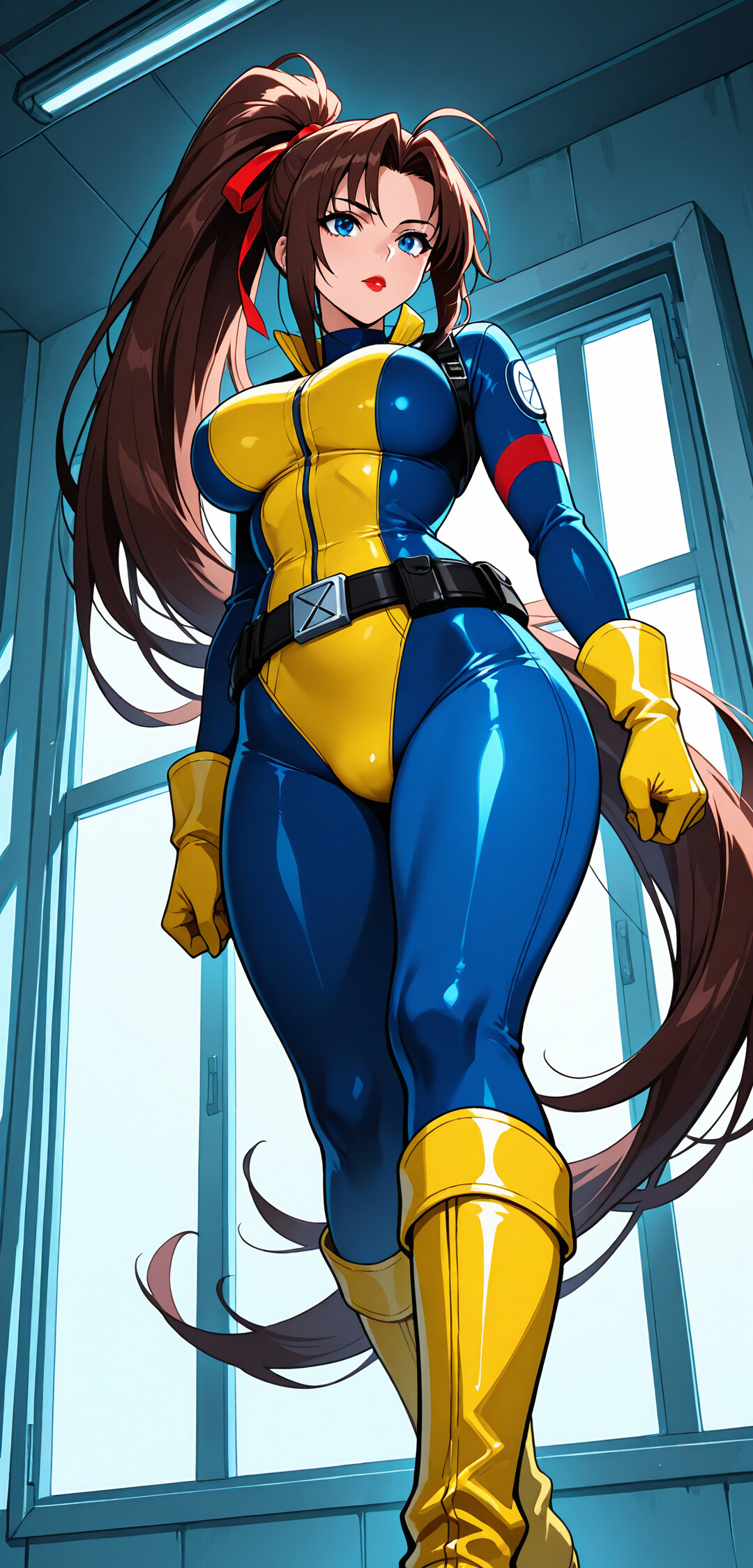 Une vue en contre-plongée de Jean Grey, des X-Men, portant son entraînement classique en bleu et jaune, et posant avec assurance, les longs cheveux bruns attachés en queue de cheval.