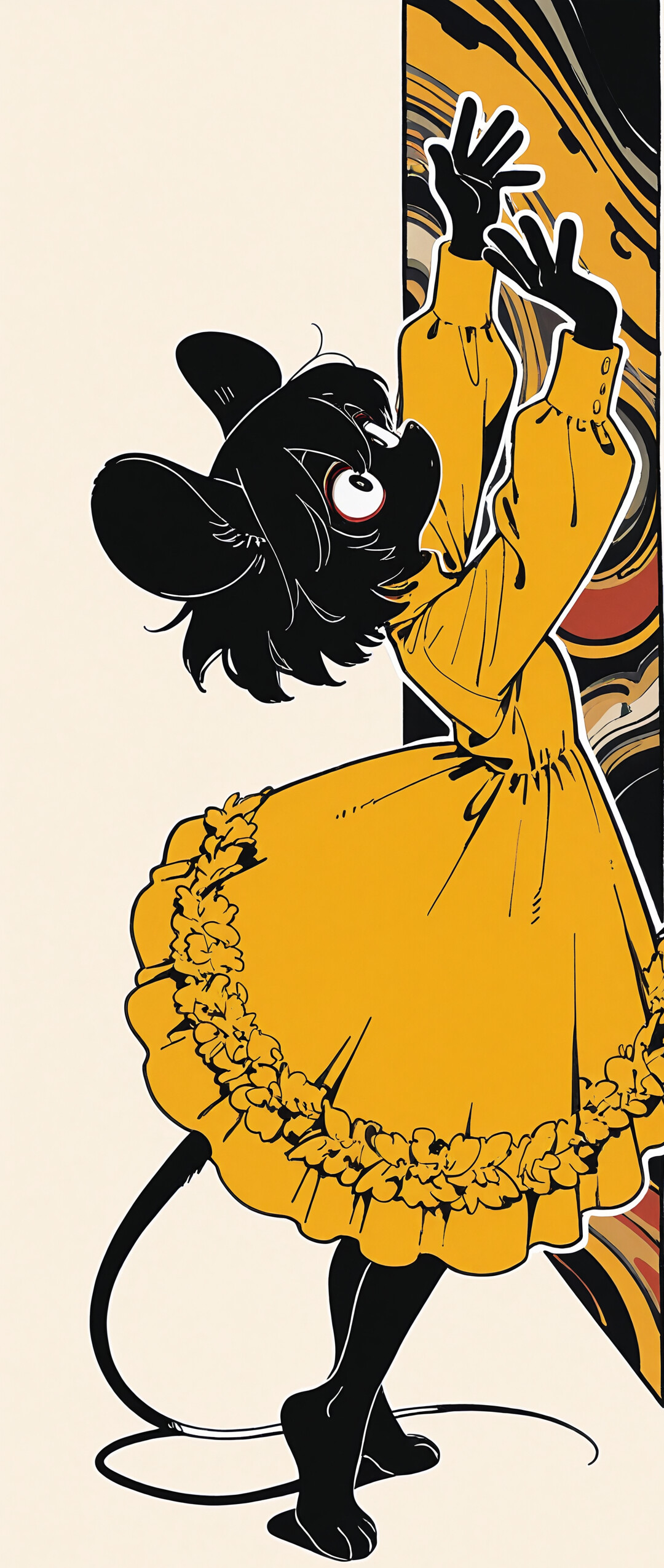 Une illustration numérique représentant une petite fille souris noire, au style de dessin animé, portant une longue robe jaune et dansant sur un fond jaune et crème aux motifs tourbillonnants.