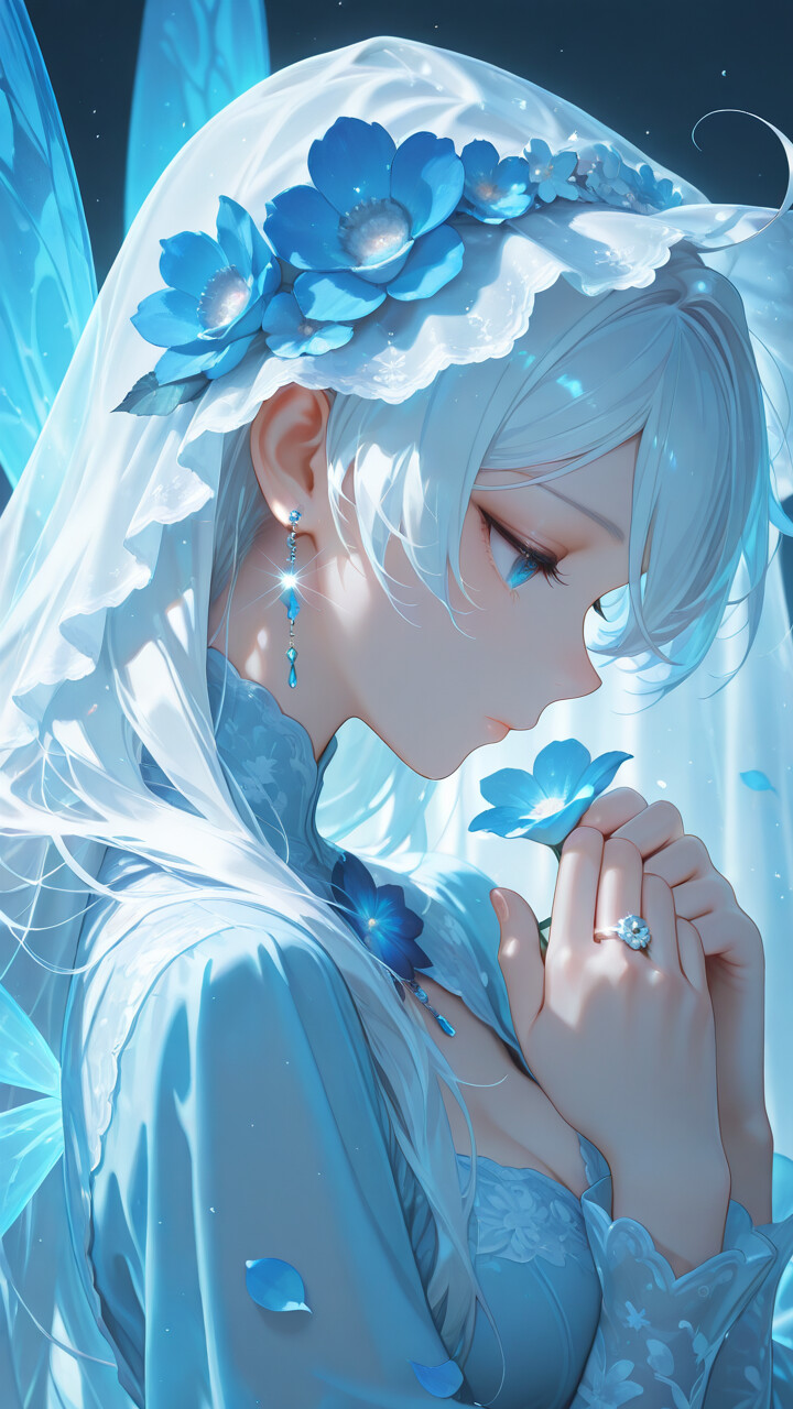 Une illustration de style manga représentant Kiana Kaslana, une jeune femme aux longs cheveux blancs et aux yeux bleus. Elle porte un voile blanc orné de fleurs bleues, une longue boucle d’oreille et a des ailes de fée bleues. Ses mains sont jointes dans un geste pensif, près de son visage.
