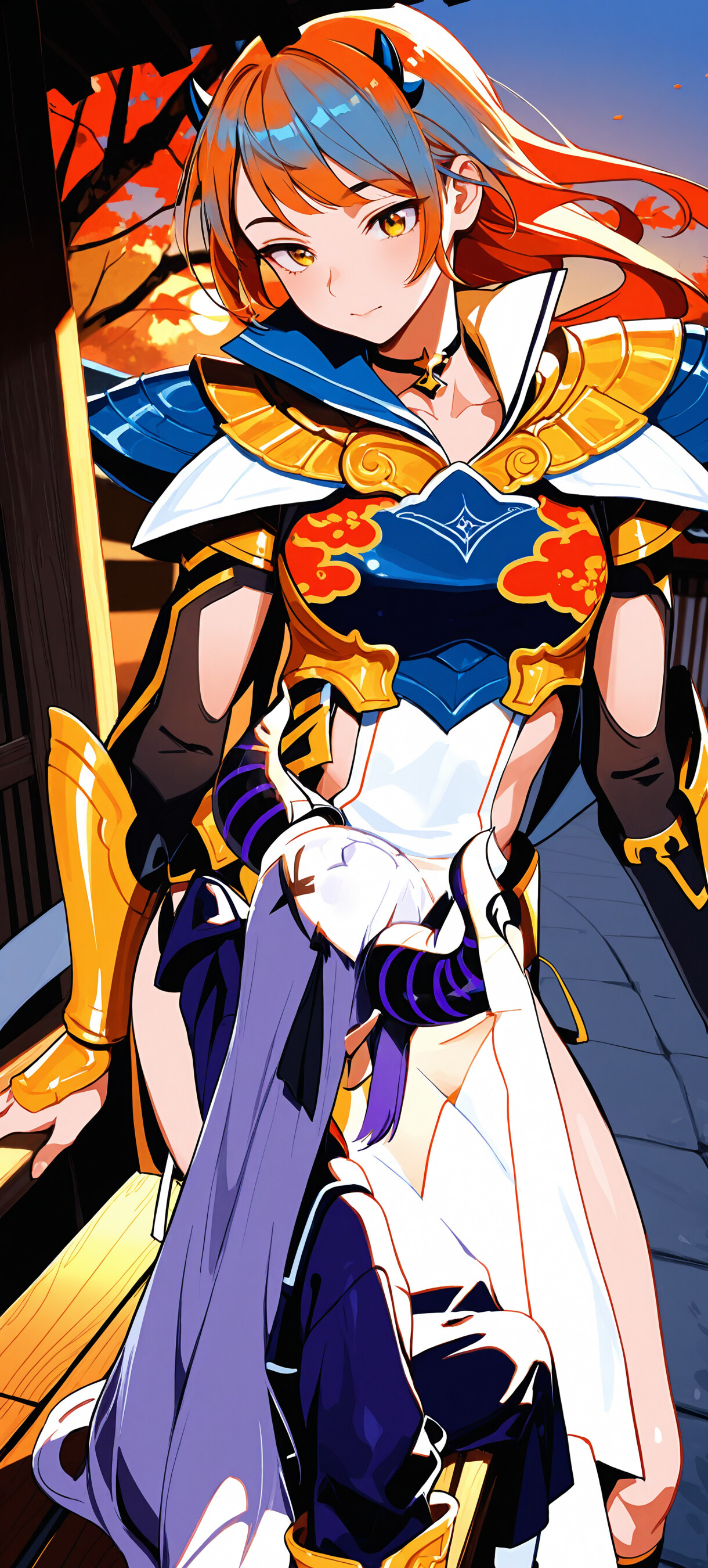 Une illustration de style manga représentant La+ Darknesss, un personnage de Hololive, une jeune fille aux cheveux violets et aux grandes cornes, assise sur une véranda en bois dans un décor japonais traditionnel au coucher du soleil, tenant un bâtonnet de dango.