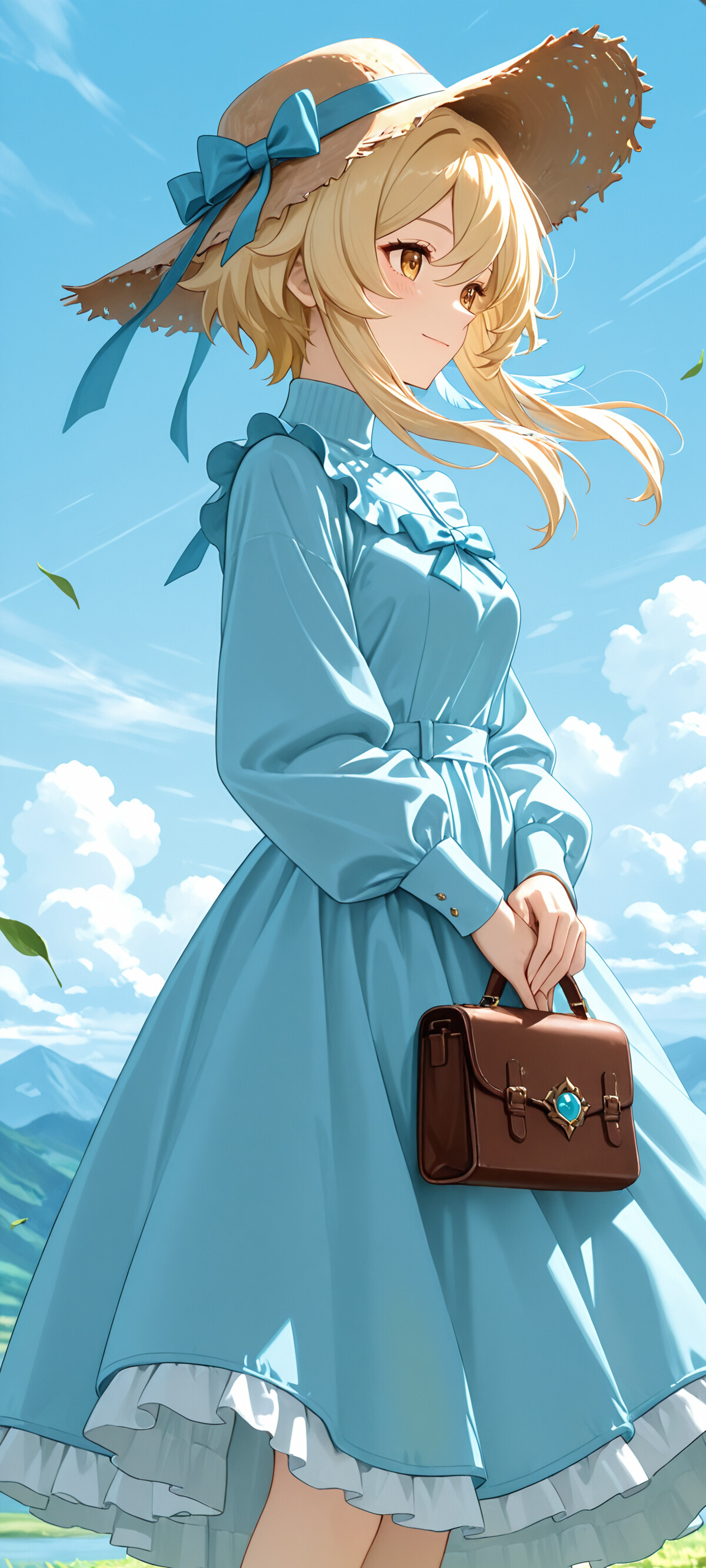 Une jeune fille d’anime aux cheveux courts et blonds et aux yeux dorés, identifiée comme Lumine du jeu Genshin Impact, se tient dans un champ verdoyant. Elle porte une robe bleu clair de style champêtre et un chapeau de paille, et tient un sac à main marron. En arrière-plan, on aperçoit des montagnes verdoyantes et un ciel bleu.