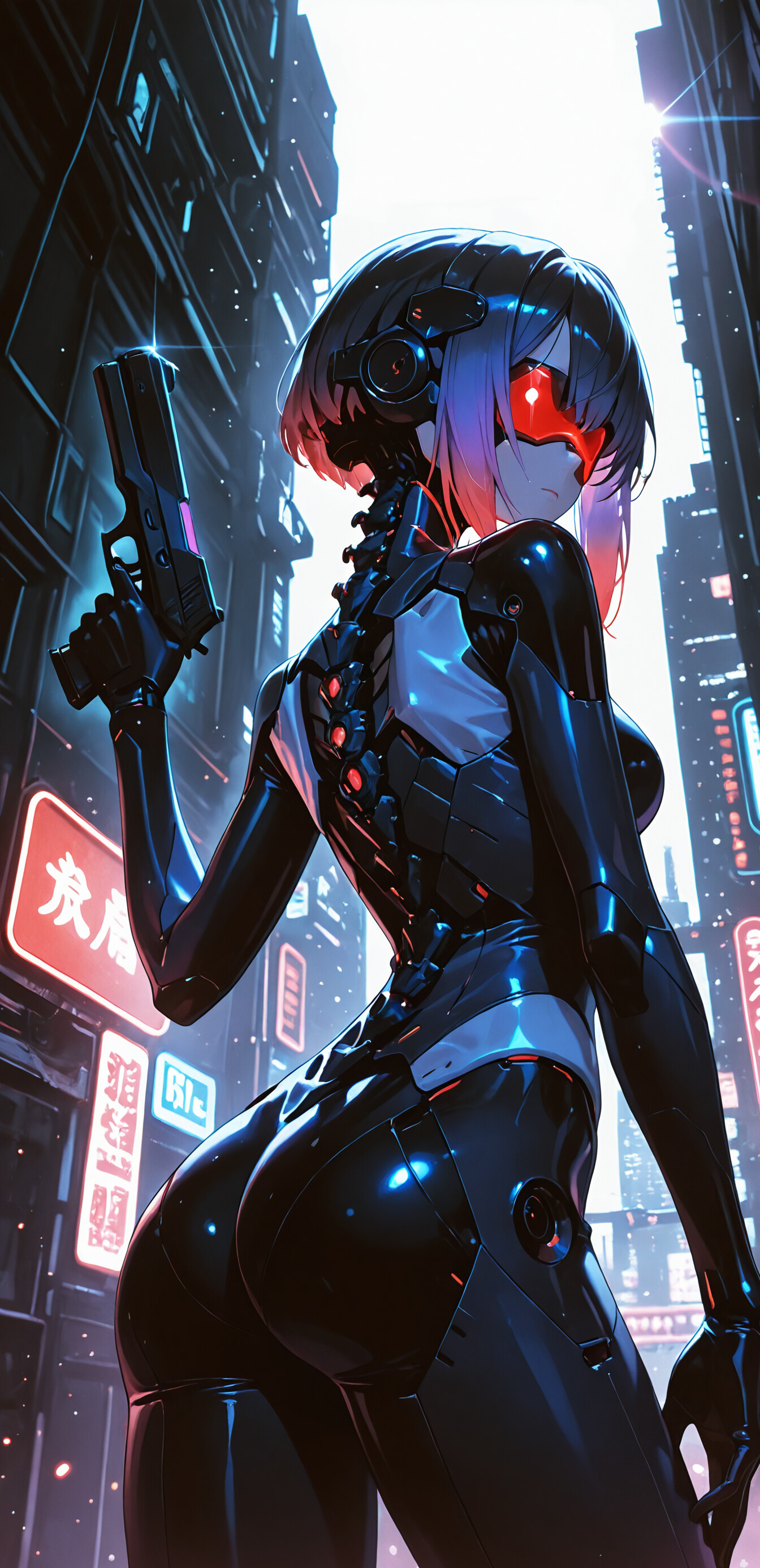 Une illustration de style manga représentant Motoko Kusanagi, le cyborg de Ghost in the Shell. Elle a les cheveux courts, de couleur violette, porte une visière rouge et est vêtue d’une combinaison cybernétique noire dont on peut voir la colonne vertébrale mécanique. Elle tient un pistolet et regarde par-dessus son épaule, dans une ville futuriste illuminée par des néons, au cœur de la nuit.