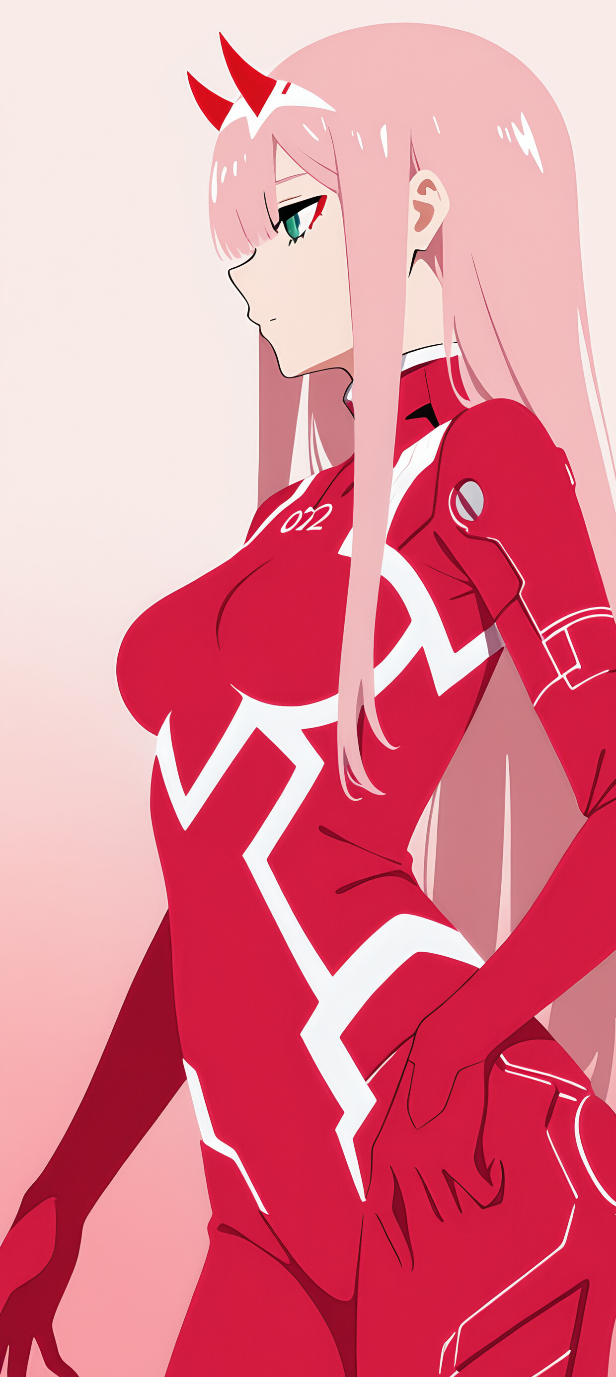 Une illustration minimaliste en silhouette du personnage d’anime Zero Two. Elle a de longs cheveux roses, des cornes rouges et porte une combinaison rouge. Son visage et son corps se détachent en une silhouette sombre sur un fond dégradé rose et bleu.
