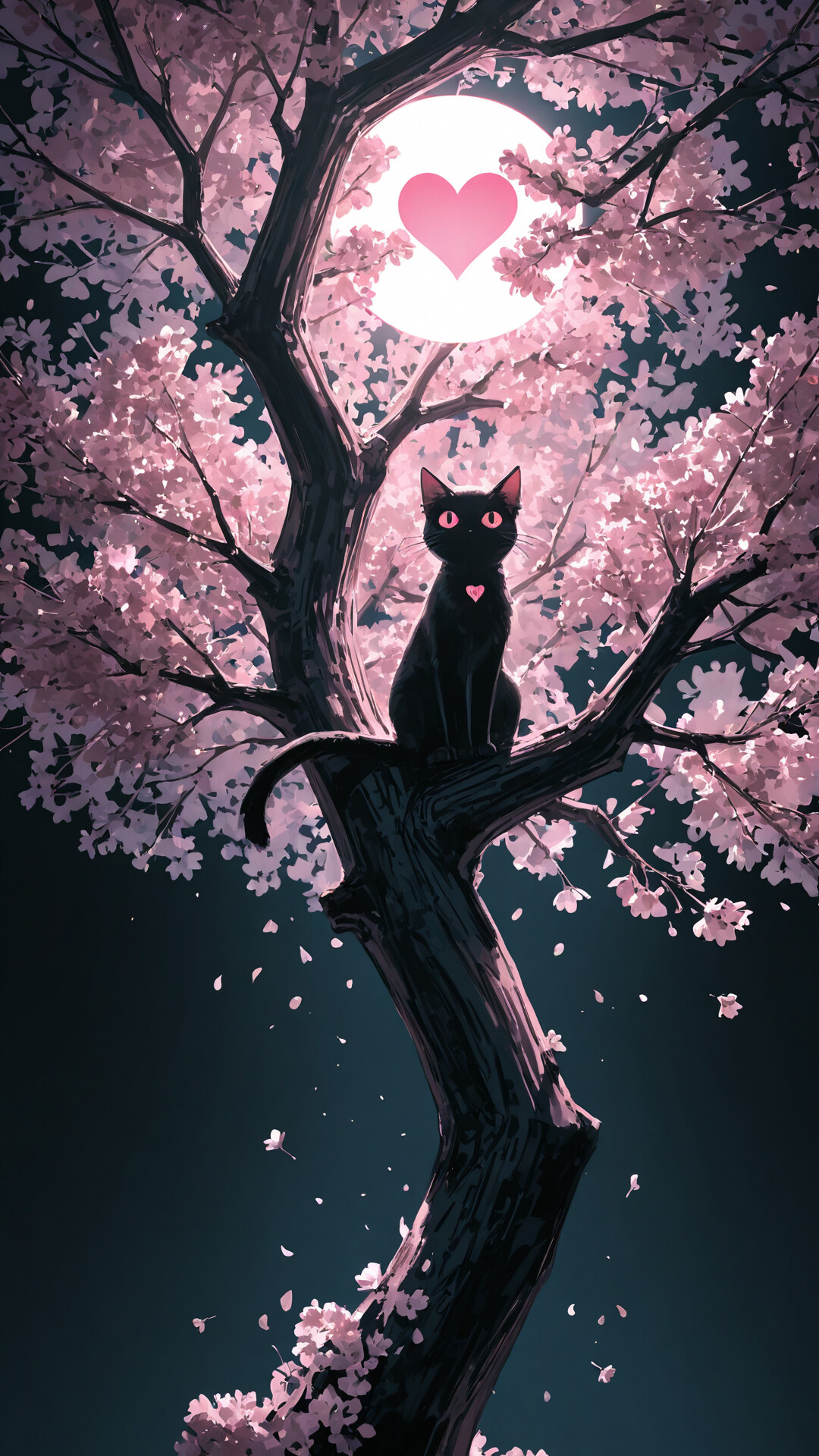Un chat noir, aux grands yeux roses, avec un cœur rose lumineux sur sa poitrine, est assis sur une branche d’un cerisier en fleurs, sous une pleine lune blanche.