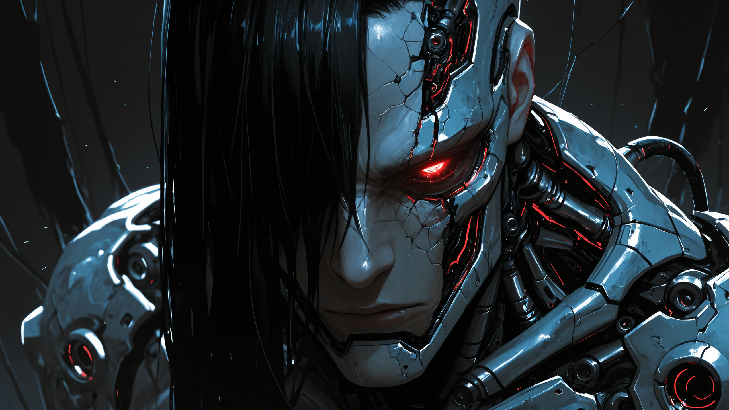 Portrait de face d’un squelette robotique blanc, avec des yeux rouges lumineux et un crâne endommagé laissant apparaître des mécanismes internes noirs, sur un fond sombre.