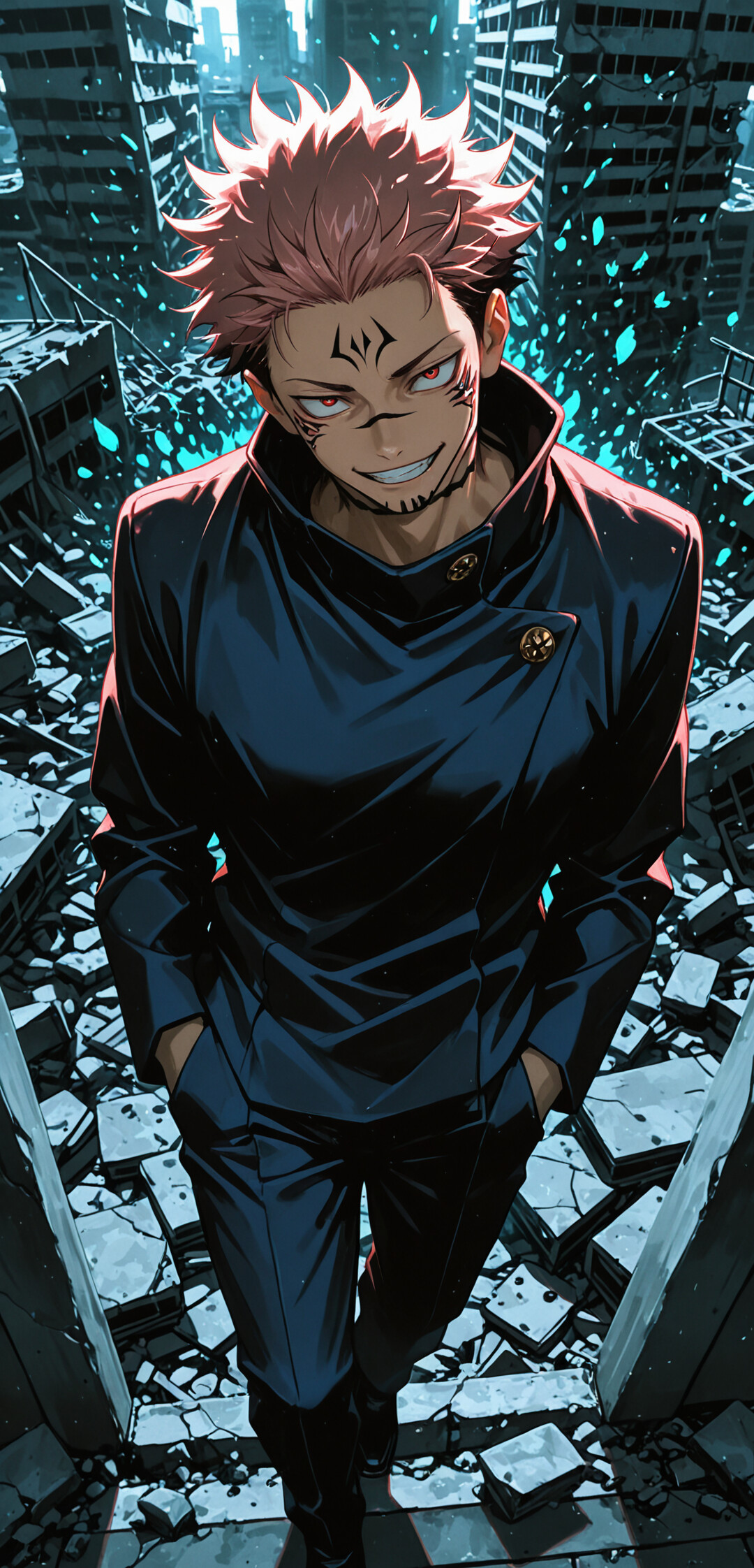 Ryomen Sukuna, personnage de Jujutsu Kaisen, se tient dans une ville en ruines, et affiche un sourire menaçant à la caméra, dans une perspective en plongée.