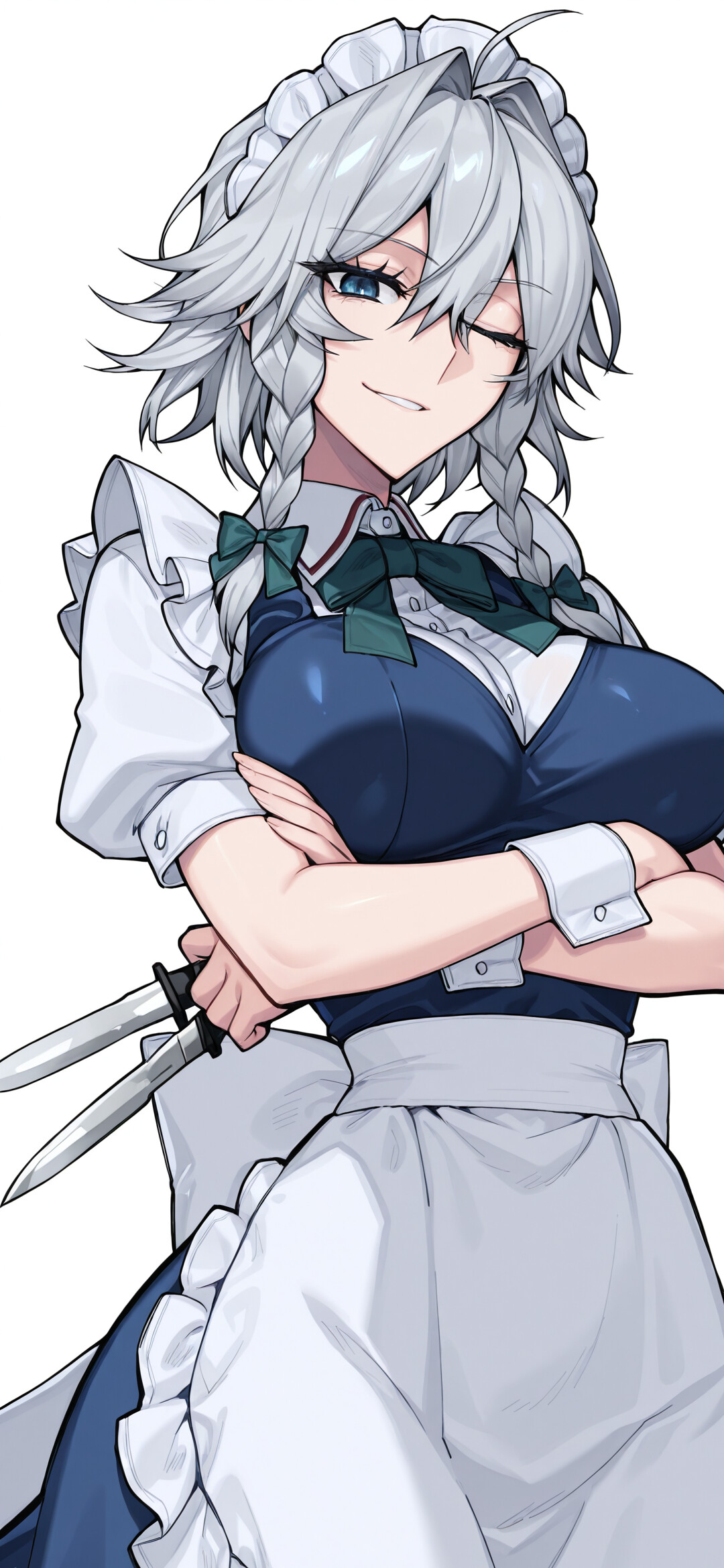 Sakuya Izayoi, personnage du jeu Touhou Project, est une servante aux cheveux argentés tressés. On la voit ici avec un air malicieux, un sourire en coin et les bras croisés, tenant un couteau devant un fond sombre.