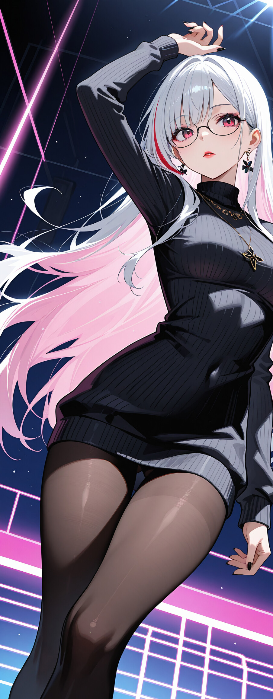 Une jeune fille d’anime aux longs cheveux blancs, bleus et violets dégradés, aux yeux violets et portant des lunettes, vêtue d’un cardigan noir ouvert, d’un collier ras du cou et de collants, sur un fond de lignes violettes lumineuses.