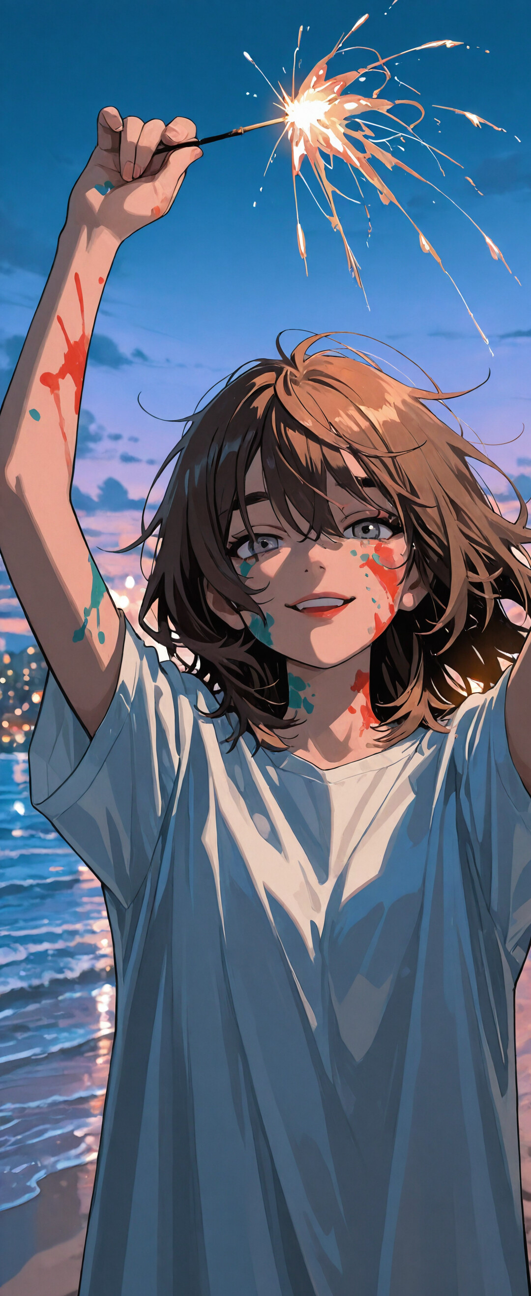 Une jeune femme aux cheveux bruns et au maquillage coloré tient une étincelle allumée au-dessus de sa tête sur une plage au crépuscule, avec la mer et le profil d’une ville en arrière-plan.