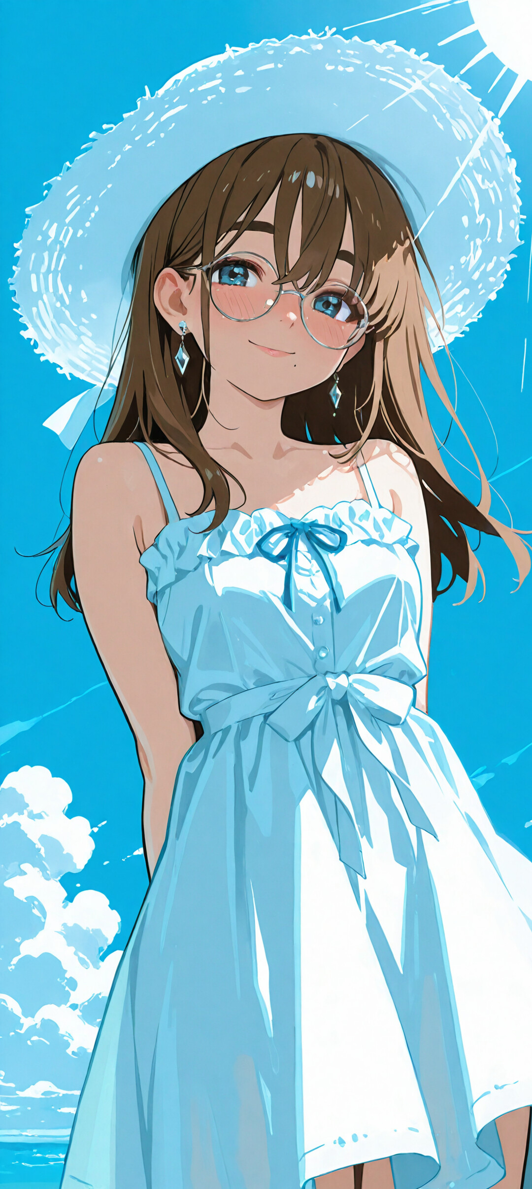Une jeune fille au style manga, avec de longs cheveux bruns, des yeux bleus et des lunettes rondes, portant un chapeau de soleil blanc et une robe d’été bleu clair, et souriant devant un ciel bleu vif parsemé de nuages.