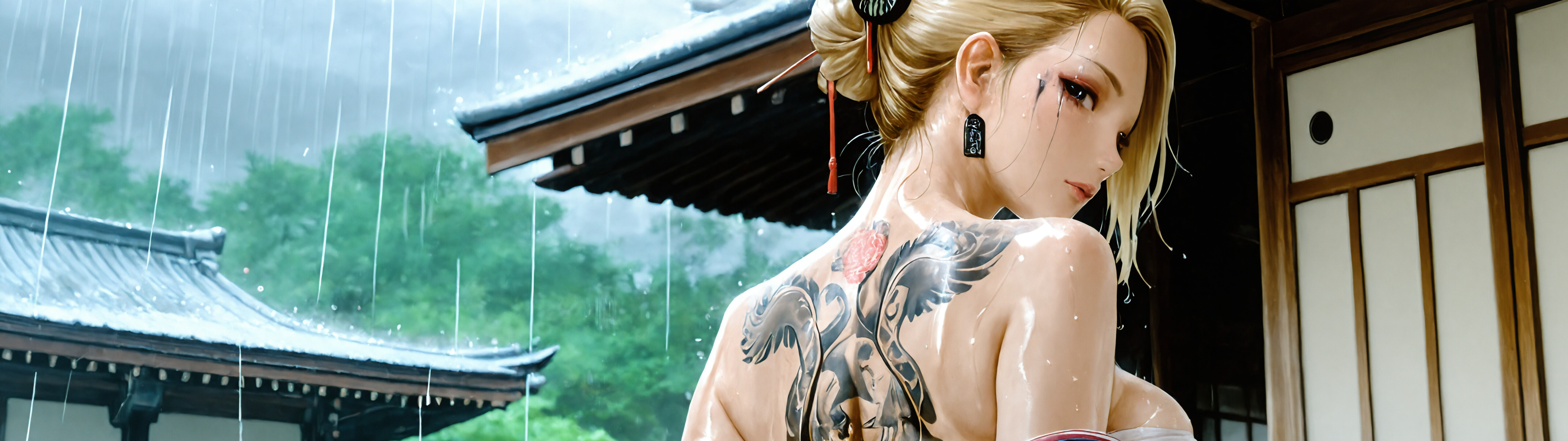 Une illustration numérique réaliste représentant une femme blonde, vue de dos, qui se retourne pour regarder par-dessus son épaule sous la pluie. Elle a un tatouage de fleur et un tatouage de masque sur le dos et porte un kimono ouvert sur un sarashi.