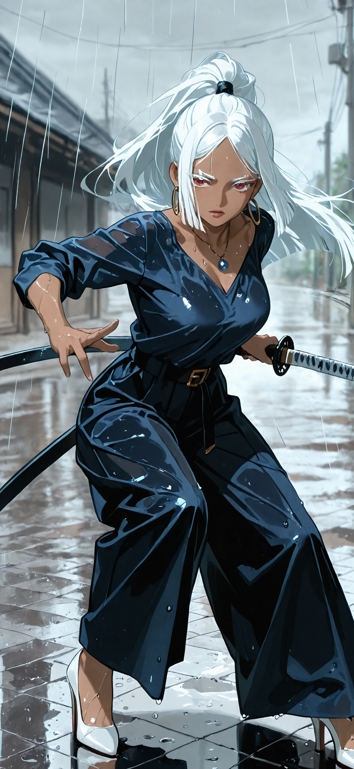 Une illustration numérique représentant une femme à la peau foncée, avec une longue queue de cheval blanche, dans une pose dynamique où elle dégaine son épée. Elle porte une tenue bleu foncé et des talons blancs, et tient un katana sous la pluie, dans une rue traditionnelle japonaise.