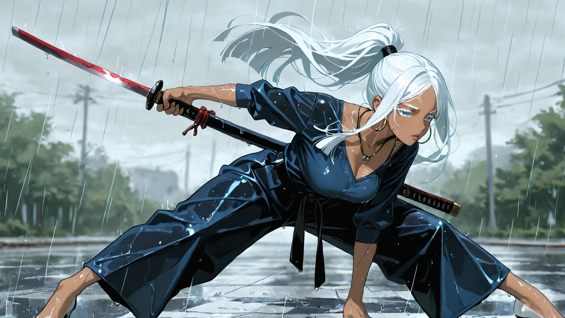 Une illustration numérique représentant une femme à la peau foncée, avec une longue queue de cheval blanche, dans une pose dynamique où elle dégaine son épée. Elle porte une tenue bleu foncé et des talons blancs, et tient un katana sous la pluie, dans une rue traditionnelle japonaise.