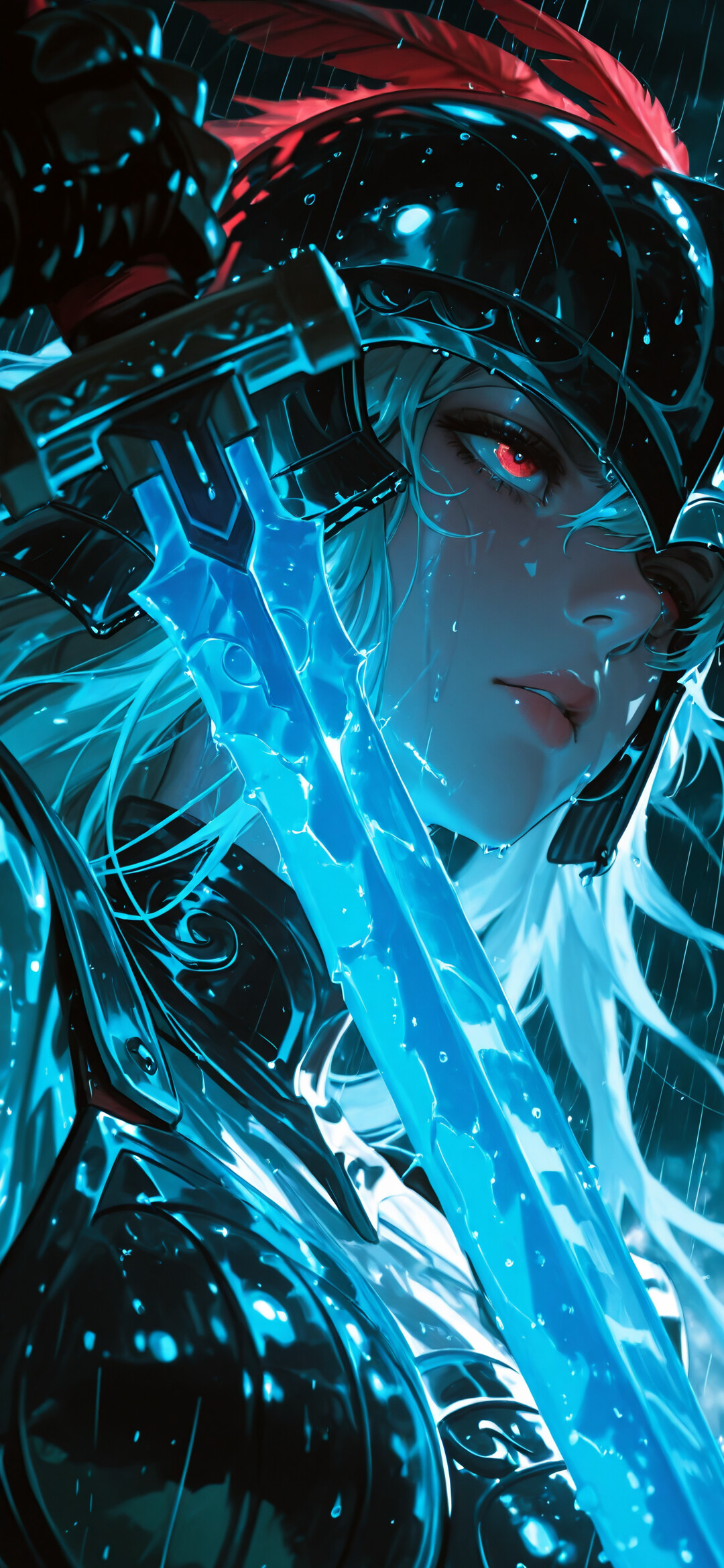 Un portrait de style manga représentant une guerrière aux longs cheveux blancs et aux yeux rougeoyants. Elle porte une armure sombre et un casque orné d’une plume rouge, et tient à la main une grande épée bleue lumineuse, sous la pluie.