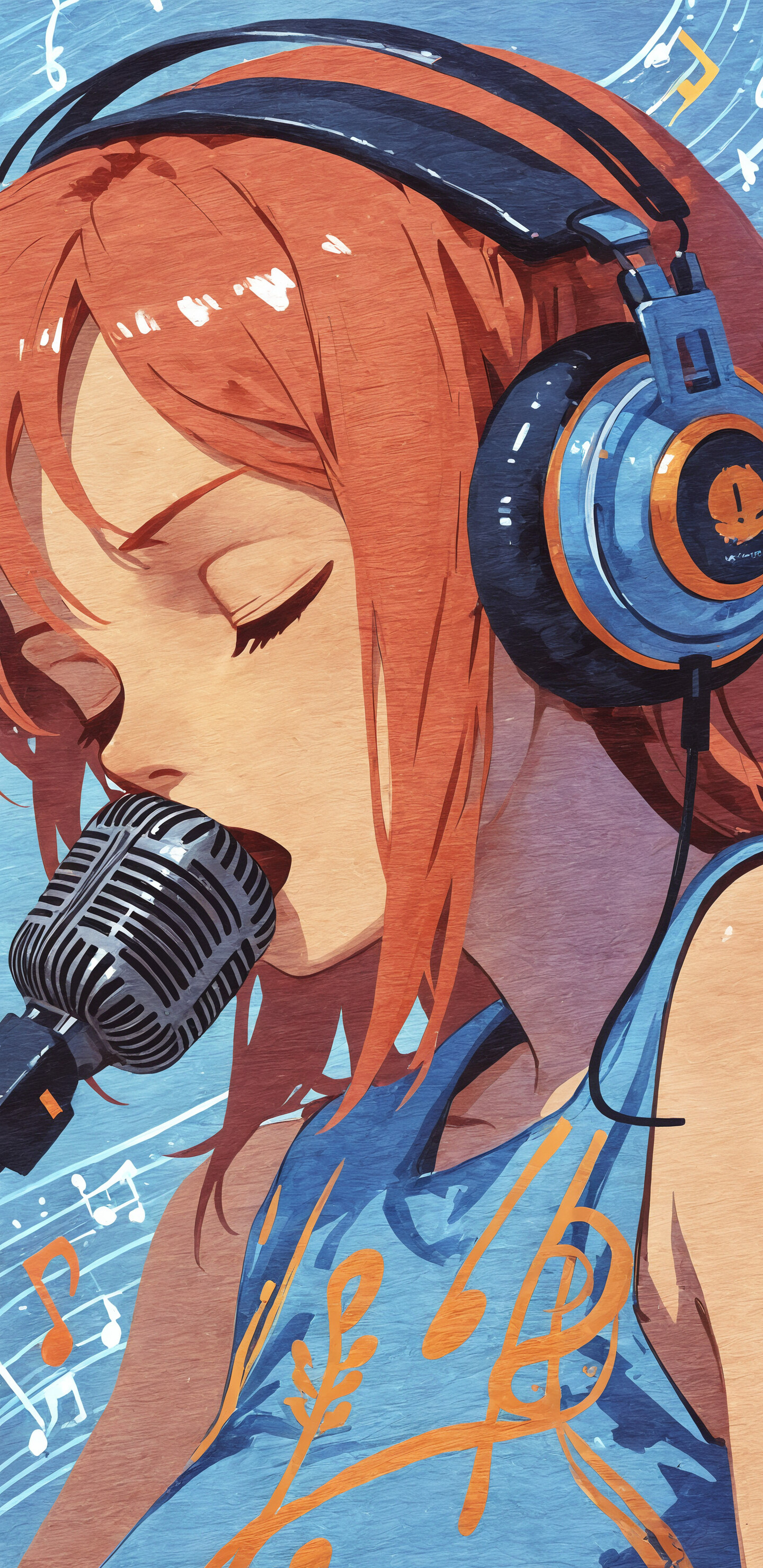 Un portrait stylisé, évoquant la peinture, d’une jeune femme aux cheveux foncés, portant un grand casque audio et chantant les yeux fermés dans un microphone, sur un fond bleu parsemé de notes de musique.