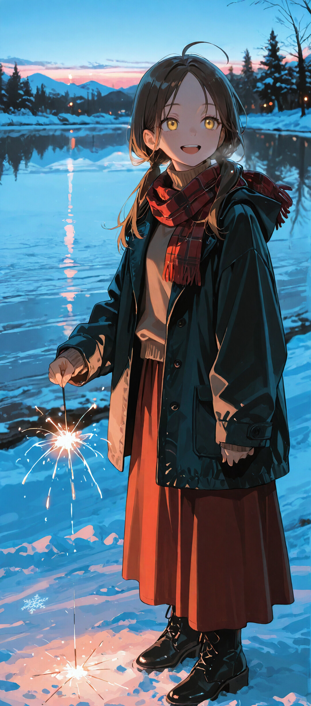 Une illustration de style manga représentant une jeune fille souriante, aux cheveux bruns et aux yeux jaunes, portant un manteau d’hiver et une écharpe, et tenant deux pétards lumineux dans un paysage enneigé au bord d’un lac, au crépuscule.