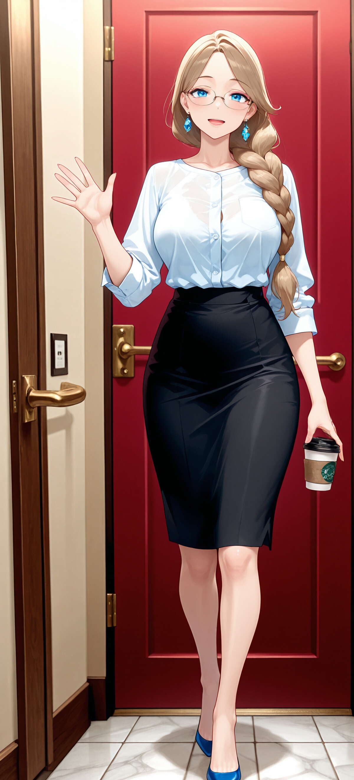 Une illustration représentant une femme souriante, de la tête aux pieds, avec des cheveux blonds tressés et des lunettes. Elle porte une chemise blanche et une jupe noire. Elle salue d’une main et tient une tasse de café de l’autre, tout en étant debout devant une porte rouge.