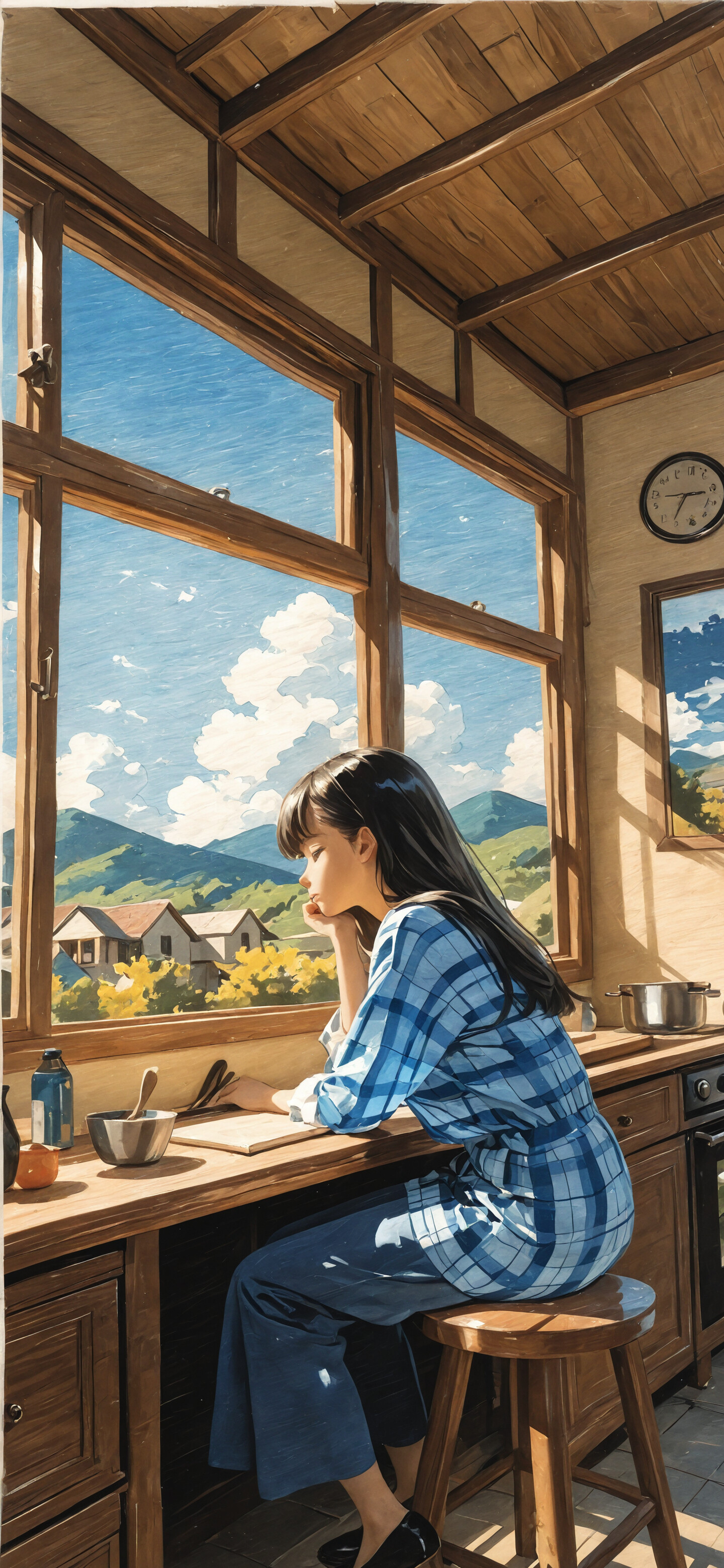 Une illustration de style manga représentant une jeune femme aux cheveux courts et foncés, assise à une table en bois dans une cuisine. Elle porte une chemise à carreaux bleus et regarde pensivement vers le bas, tandis que la lumière du soleil entre par une fenêtre à côté d’elle.