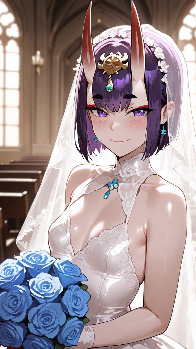 Shuten Douji, tiré de Fate/Grand Order, est représenté ici en tenue de mariée, souriant, vêtu d’une robe et d’un voile blancs, dans une église, et tenant un bouquet de roses bleues.
